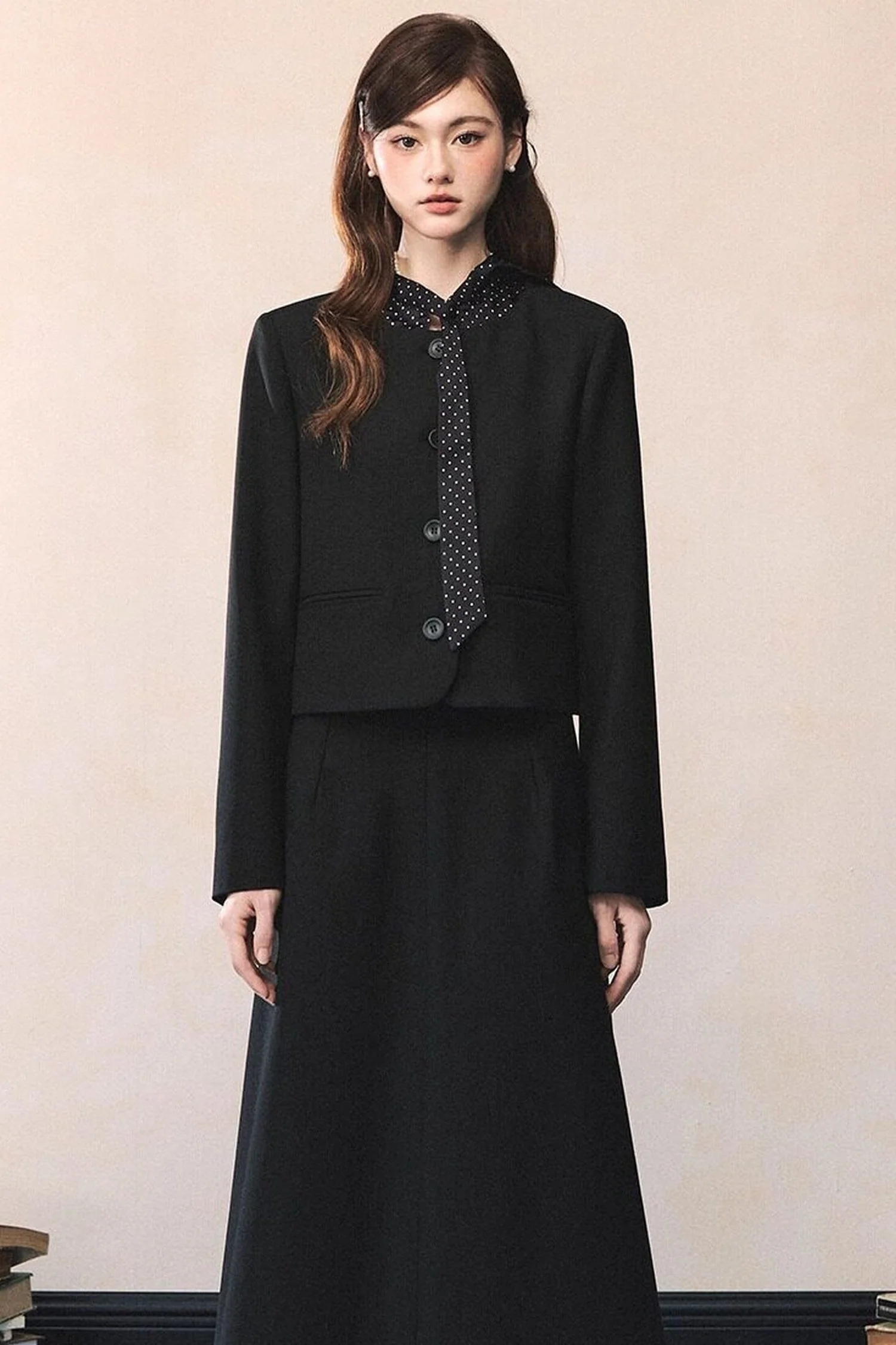 Black Polka Dot Tie Blazer And Skirt Set-Up