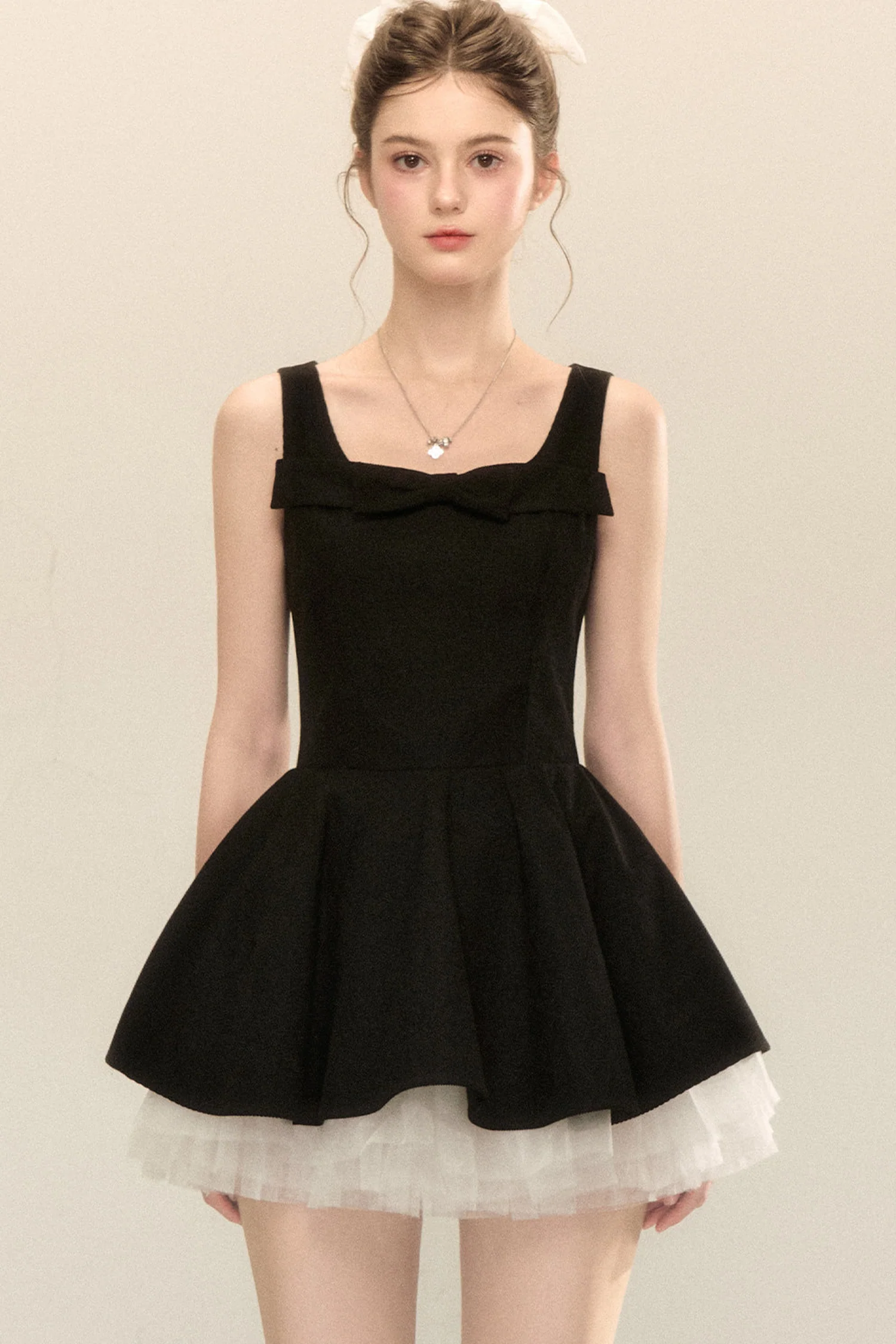 Bow Neck Spaghetti Strap Puffy Dress