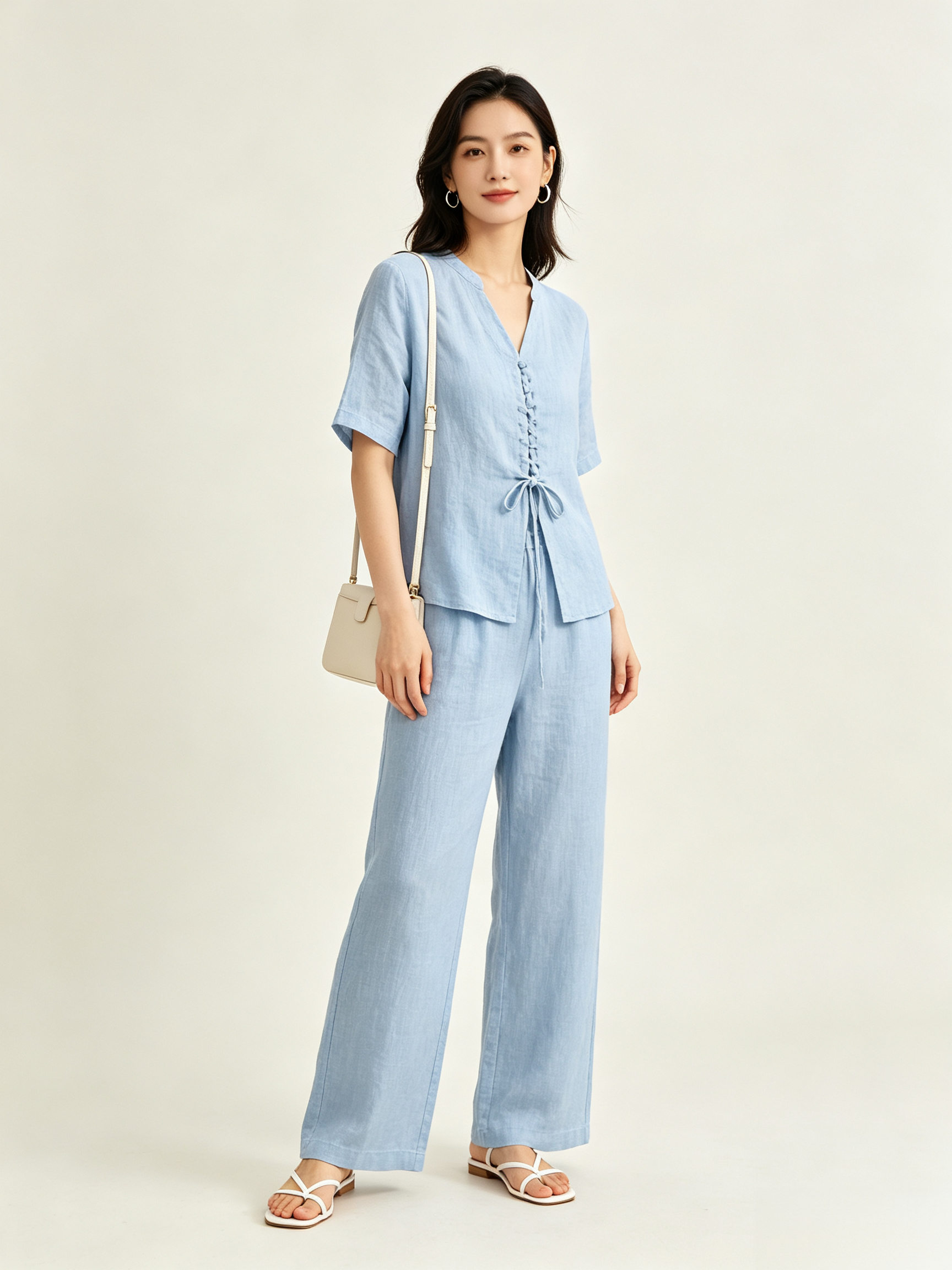 Tie-Front Linen & Cotton Pants Set