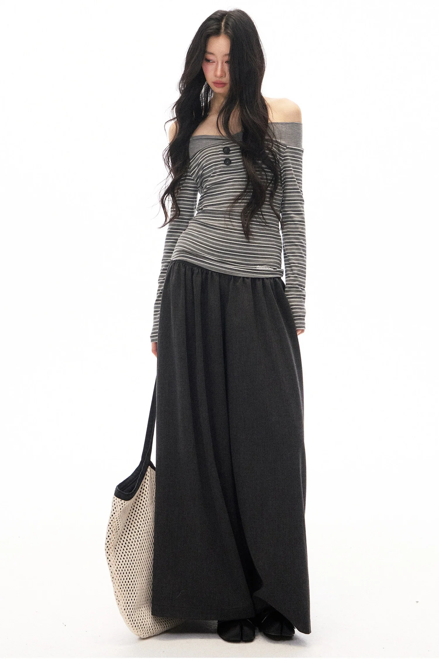 Gray Loose Wide-Leg Pants and Top Set-Up
