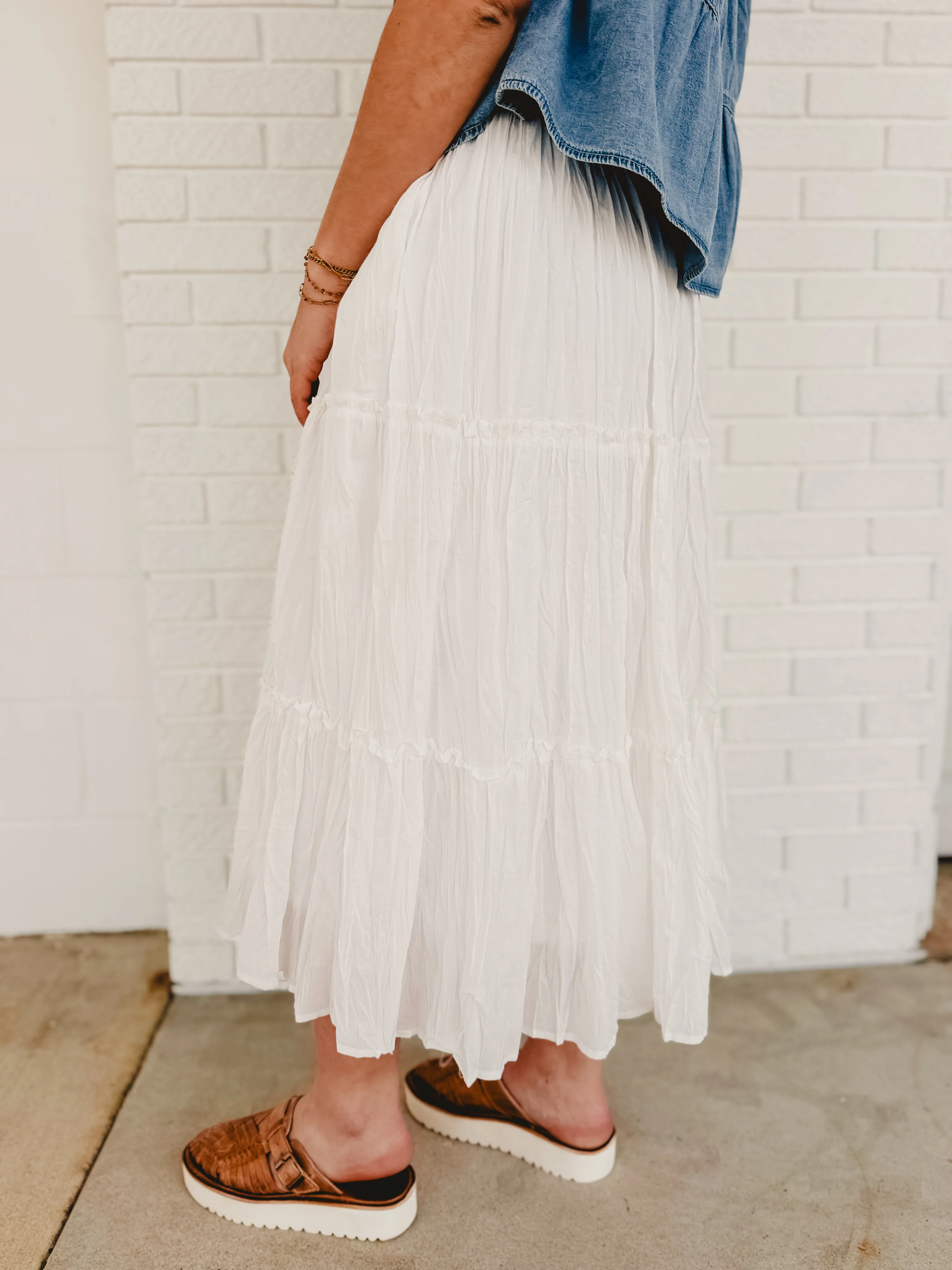 Crinkle Tiered Midi Skirt- White