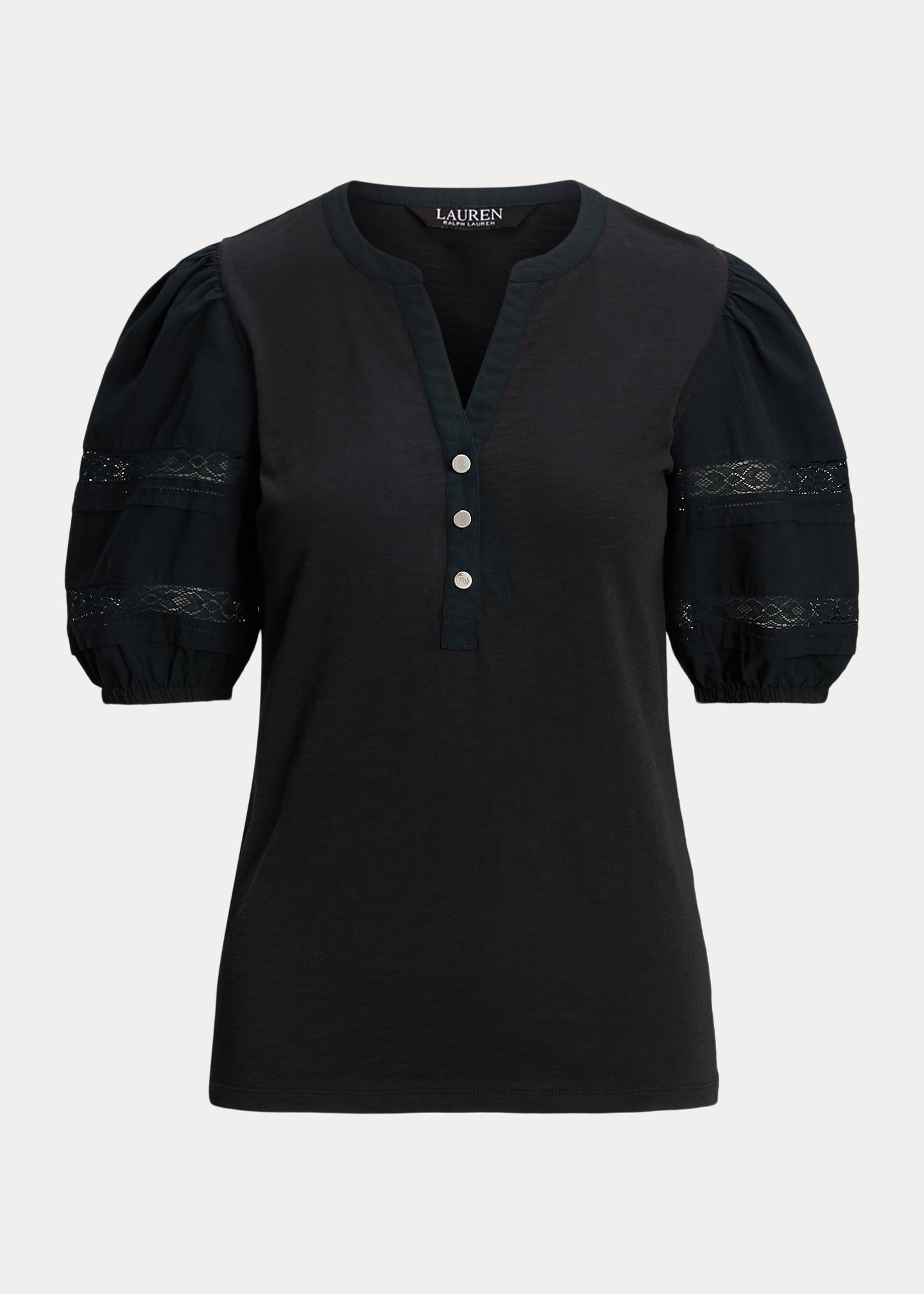 Lace-Trim Jersey Puff-Sleeve Henley Tee