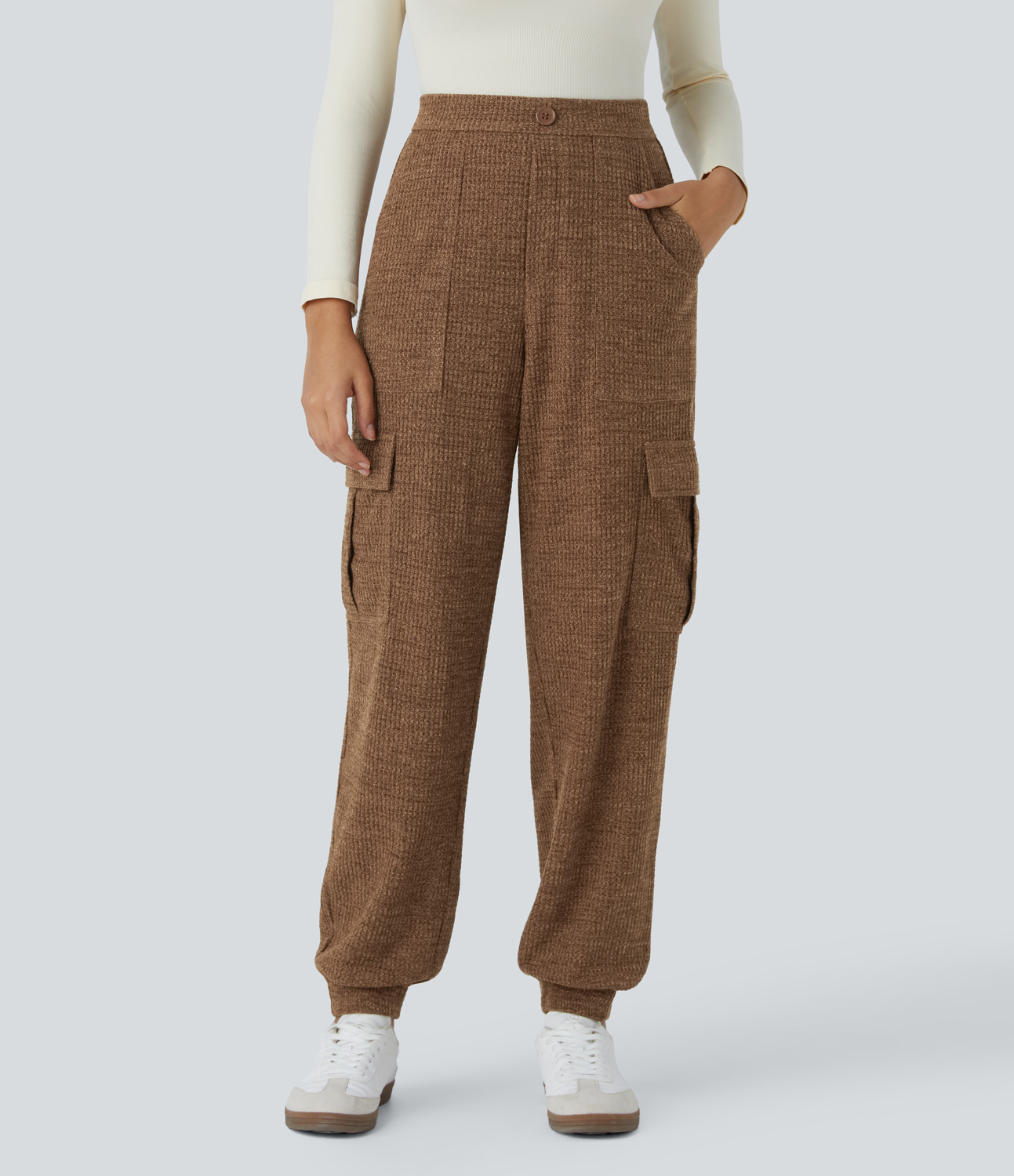 High Waisted Decorative Pockets Knit Waffle Casual Cargo Joggers