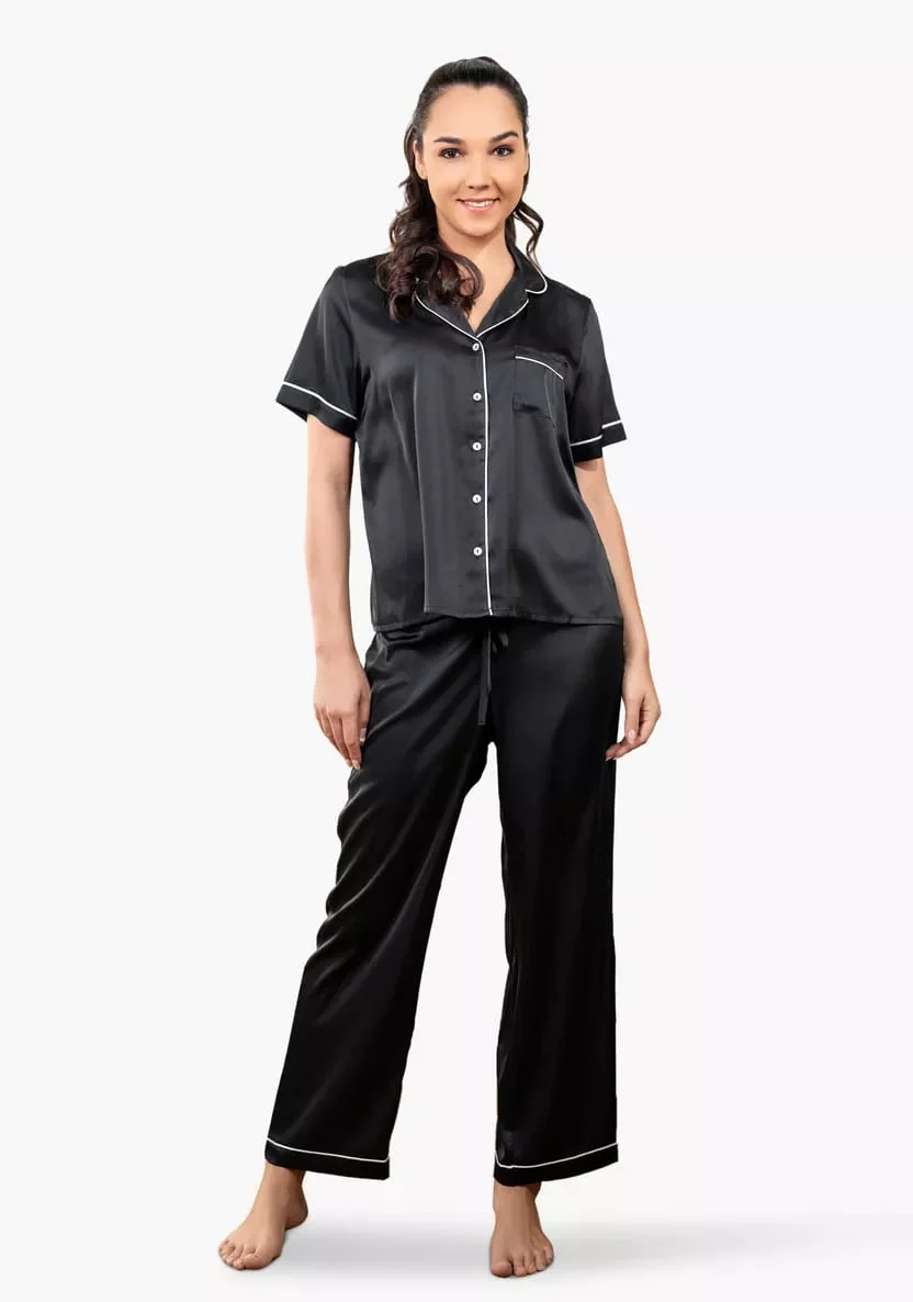 Black Silk Nightwear Half Sleeves