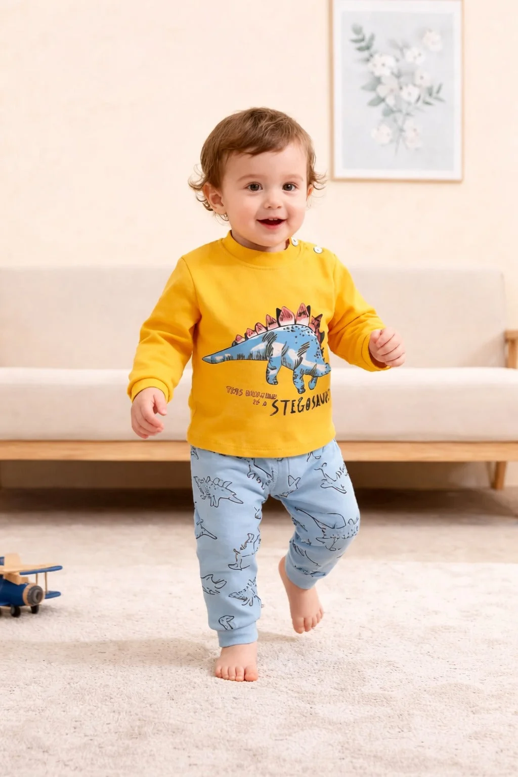 0001 Yellow Dinasour Printed Full Sleeves T-shirt with Grey Printed Pajama Kids Suits