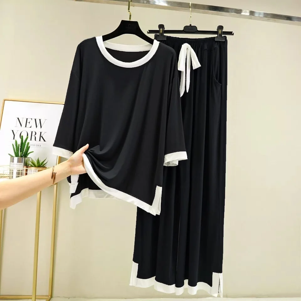 0002 Black Plain Flapper With Plazzo Trouser Night Suit