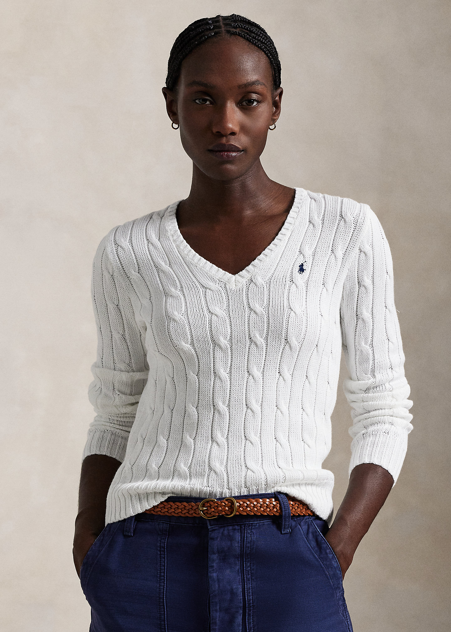 Cable-Knit Cotton V-Neck Sweater