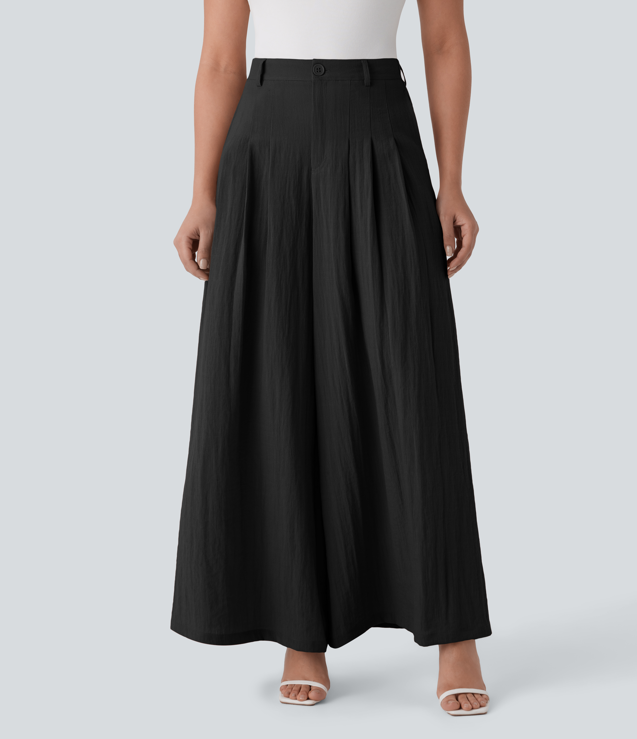 High Waisted Zipper Pocket Wide Leg Flowy Work Linen-Feel Pants