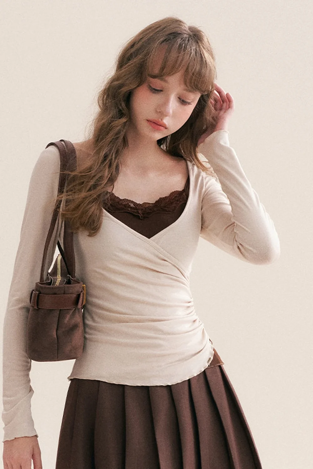 Layered-Look Lace Camisole Cross V-Neck T-Shirt