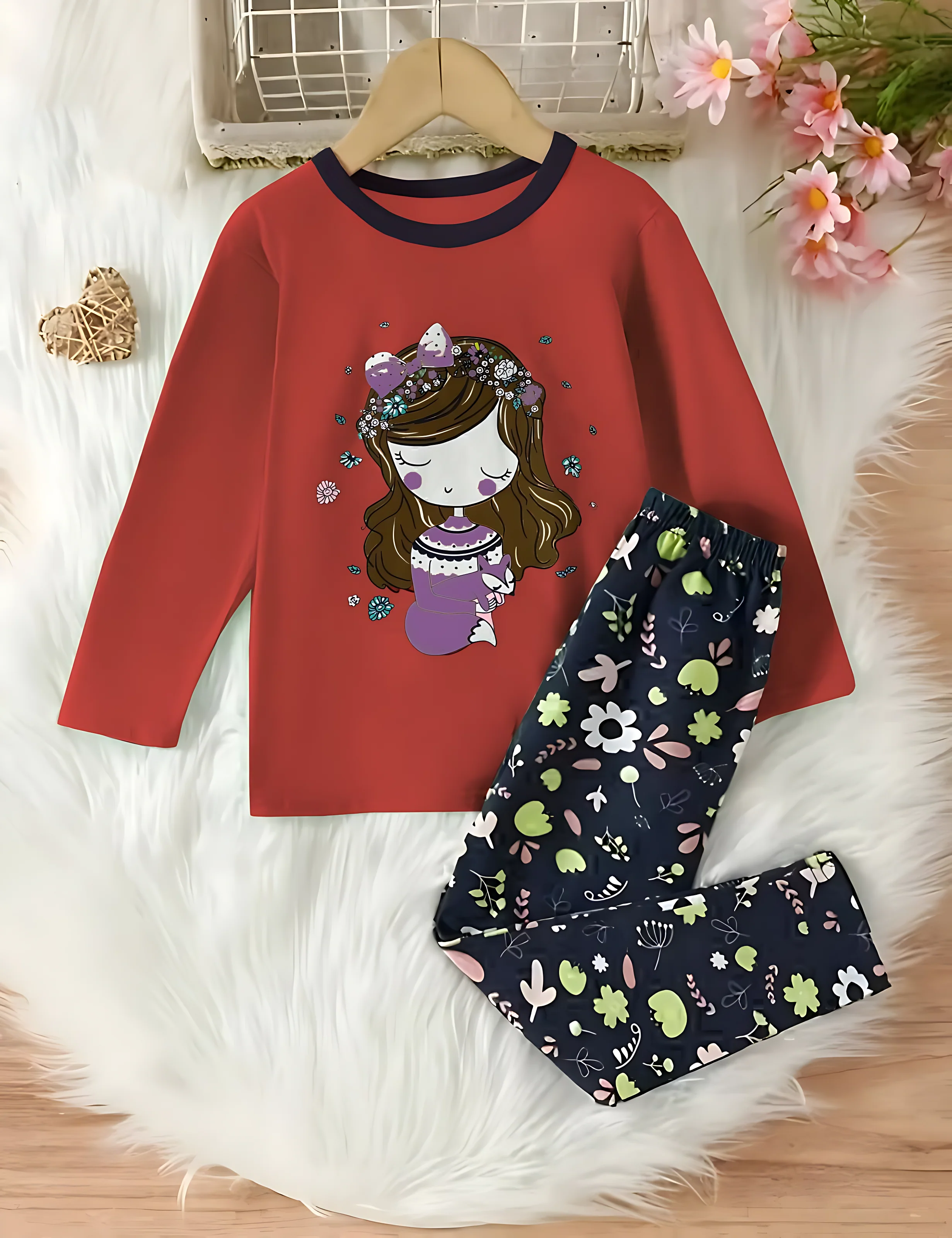 0002 Red Barbie Girl Printed Full Sleeves T-shirt with Flower Printed Pajama Kids Suits (1 Pcs)