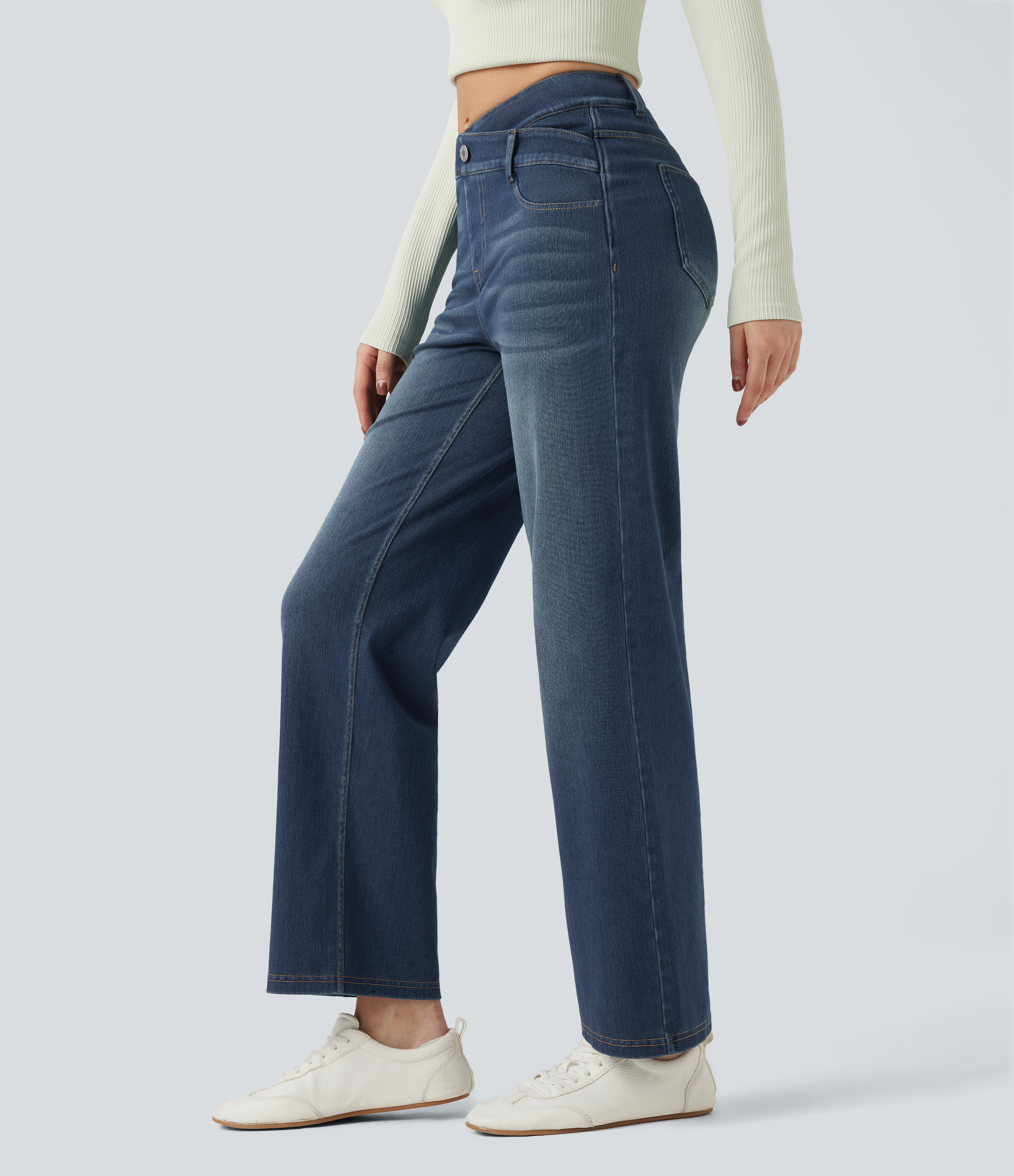 Mid Rise Crossover Tummy Control Straight Leg Casual Jeans with Pockets