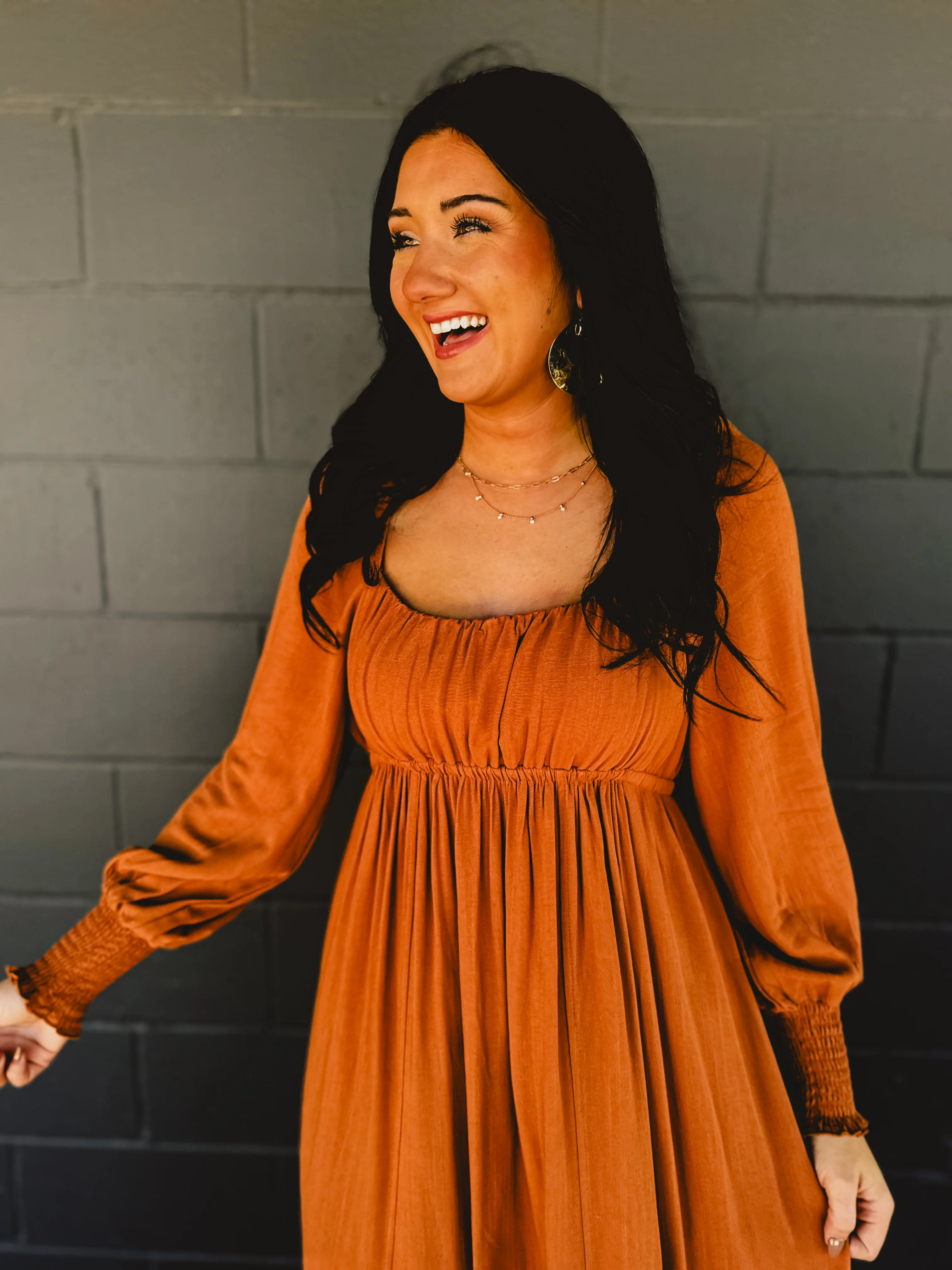 Gathered Long Sleeve Maxi Dress - Camel