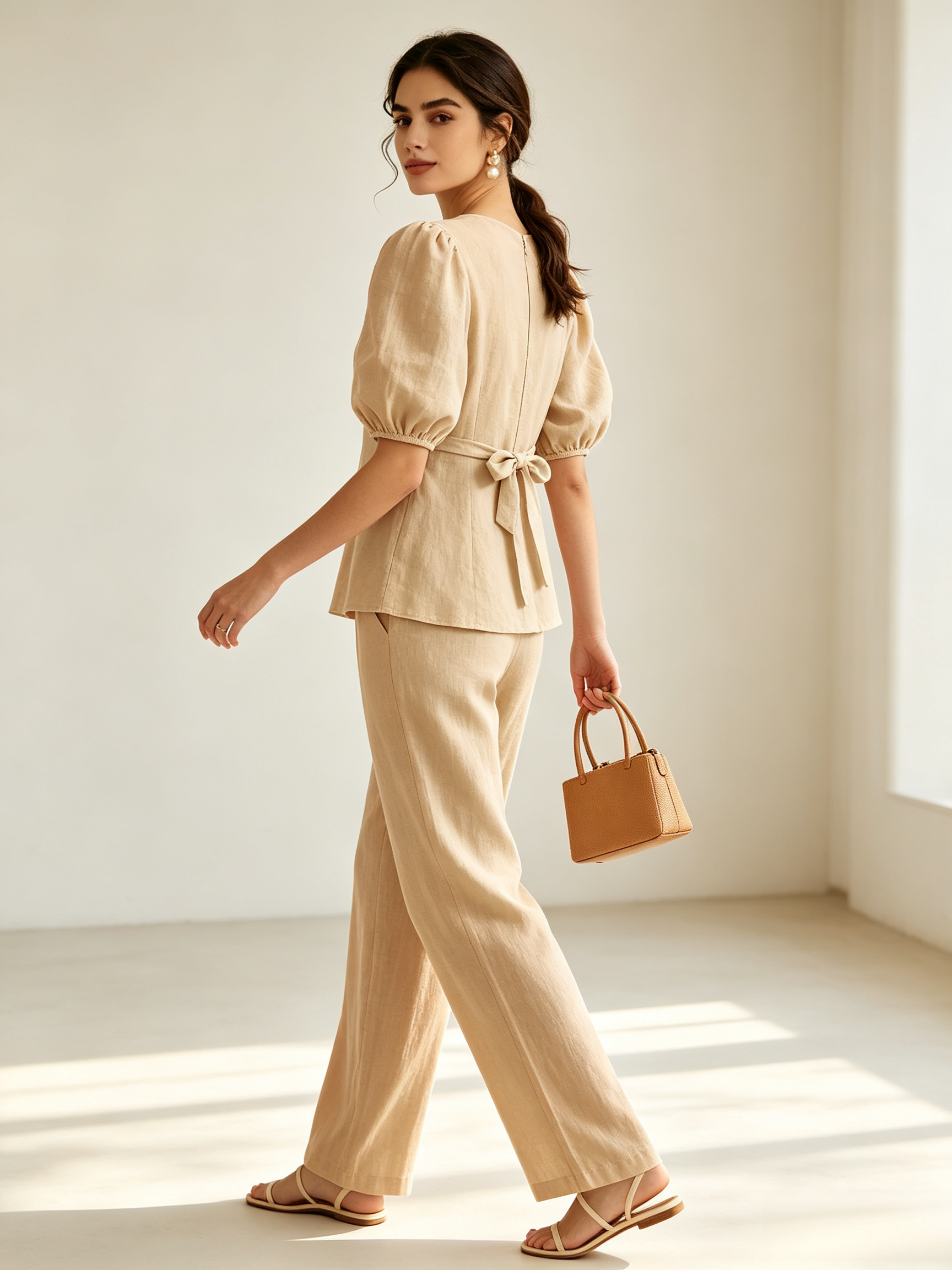 Cotton & Linen Puff-Sleeves Bow-Back Top and Pants Set