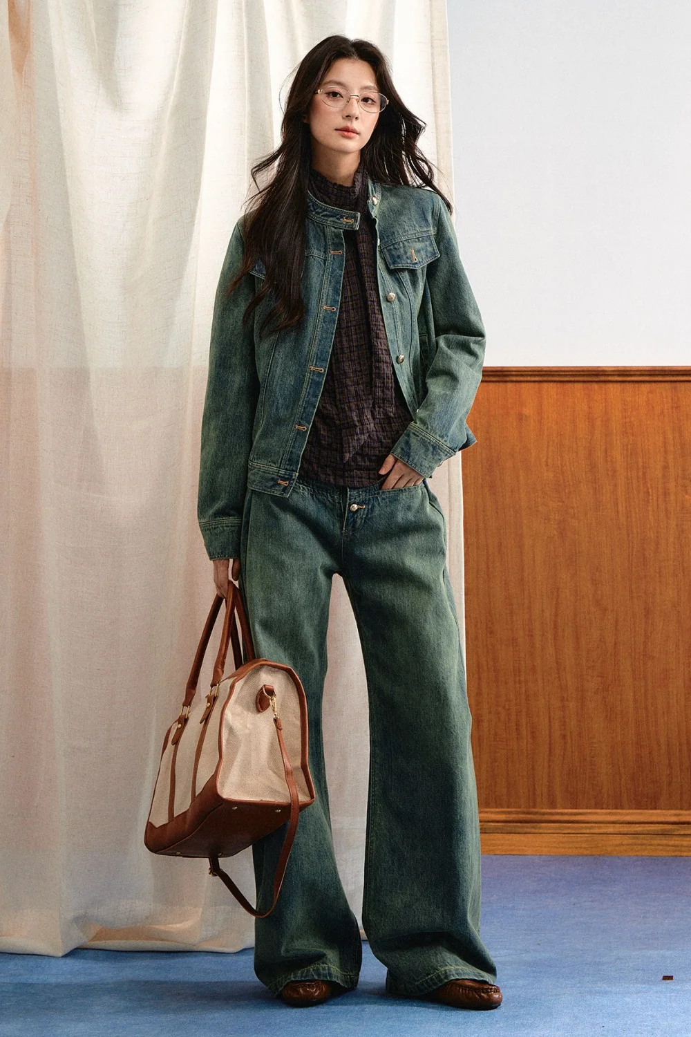 Retro Washed Denim Top and Wide-Leg Pants Set-Up
