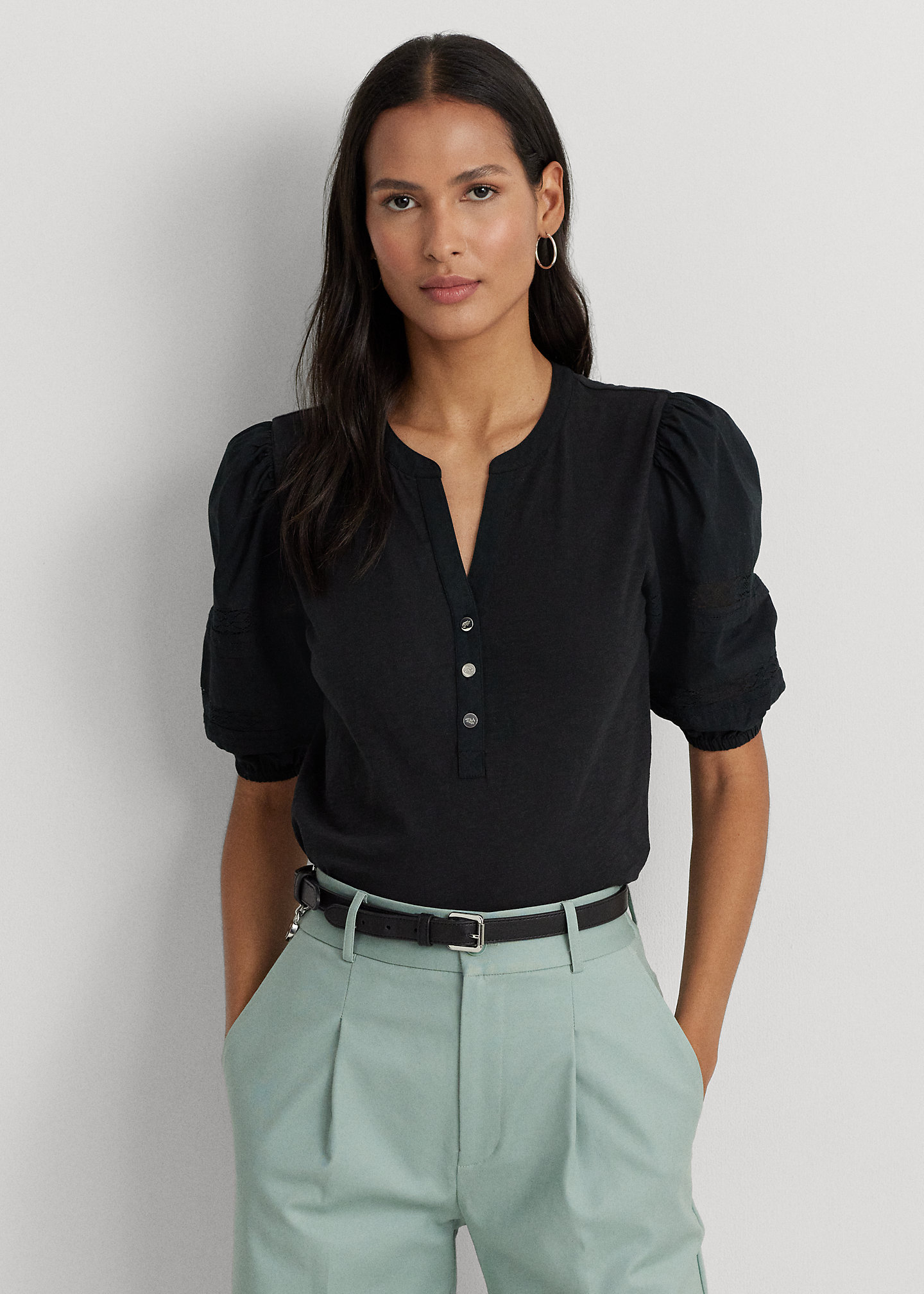 Lace-Trim Jersey Puff-Sleeve Henley Tee