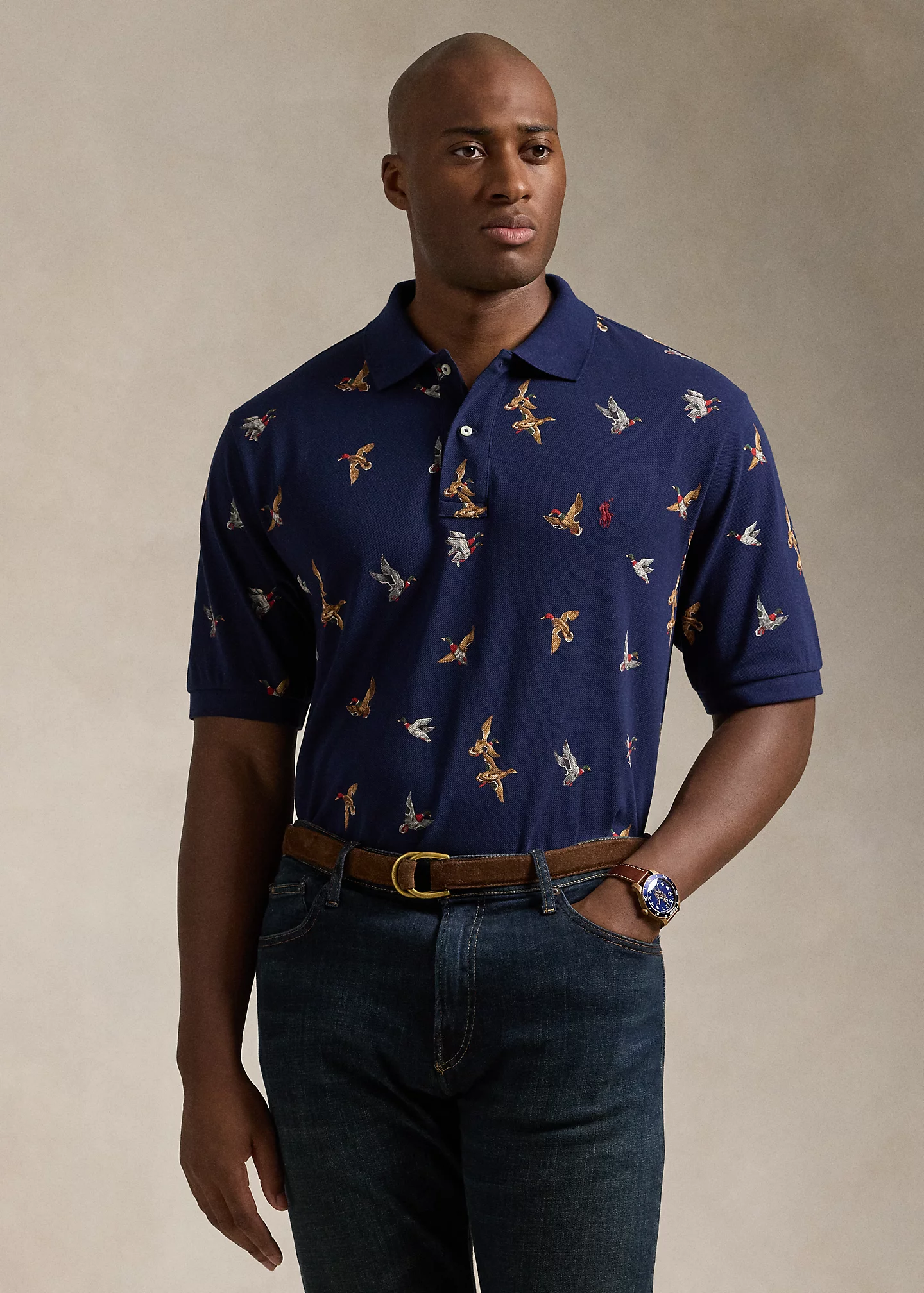 Duck-Print Mesh Polo Shirt