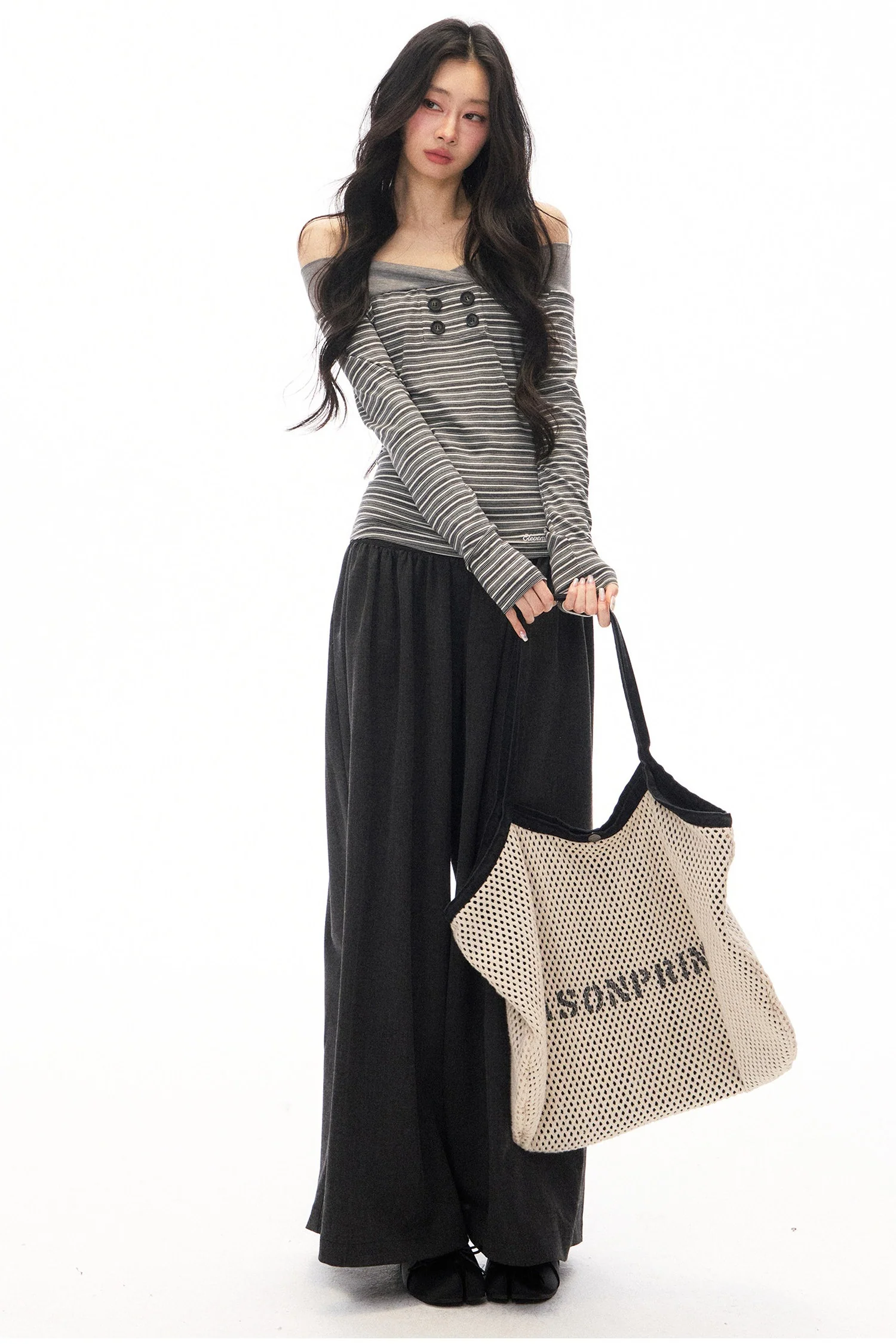 Gray Loose Wide-Leg Pants and Top Set-Up