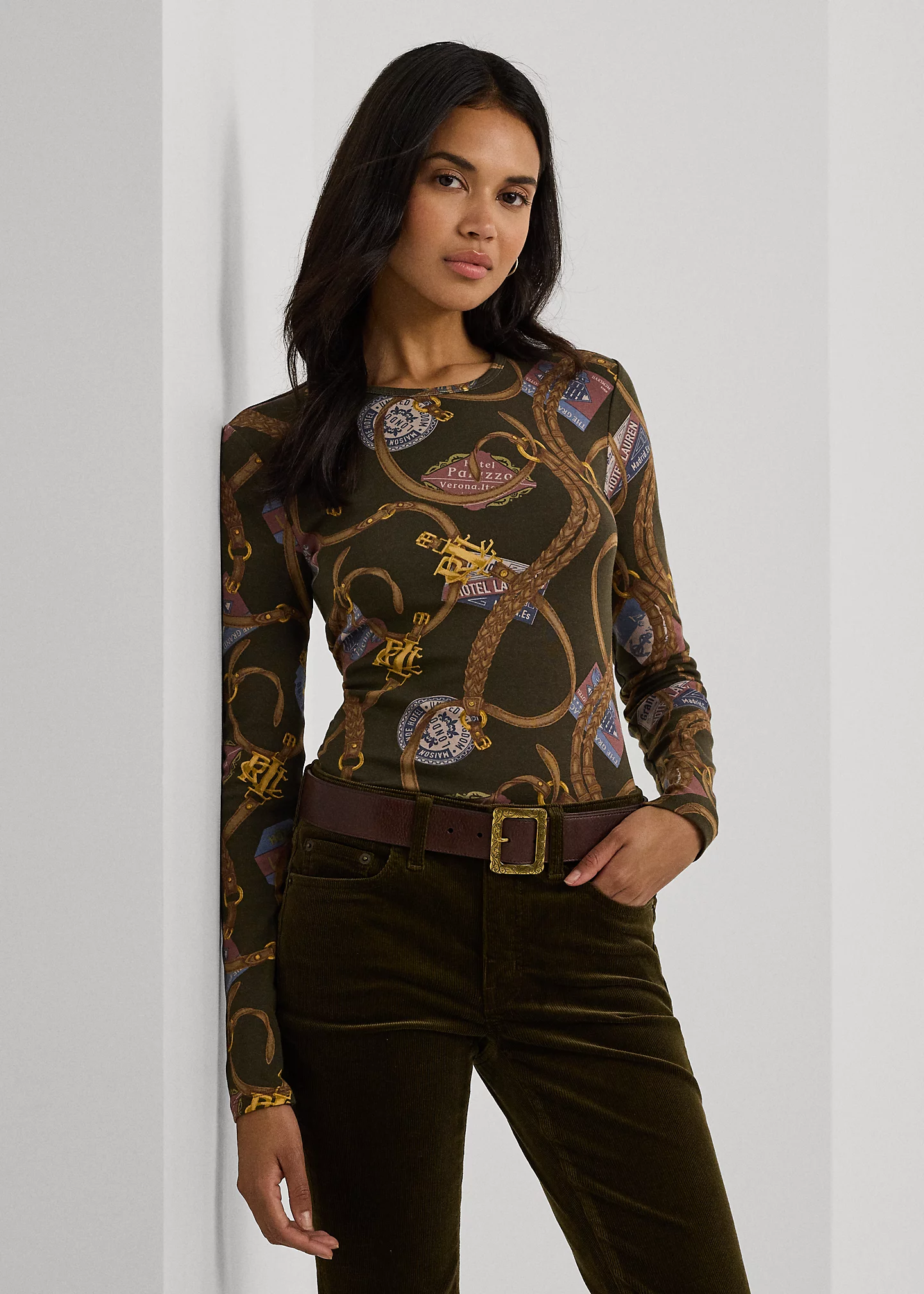 Belting-Print Cotton Long-Sleeve Tee