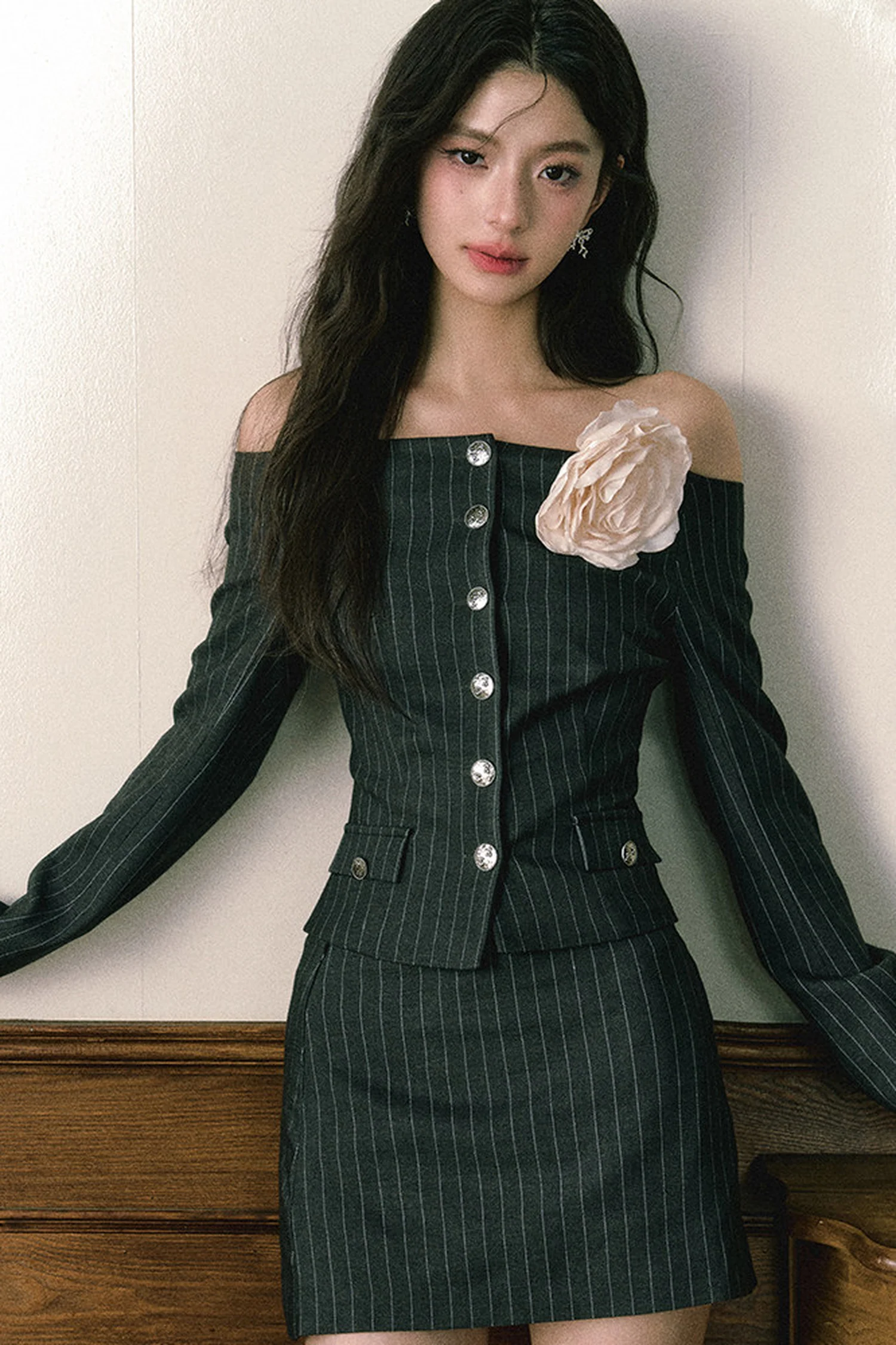 Gray Striped One-Shoulder Top and Skirt Set-Up