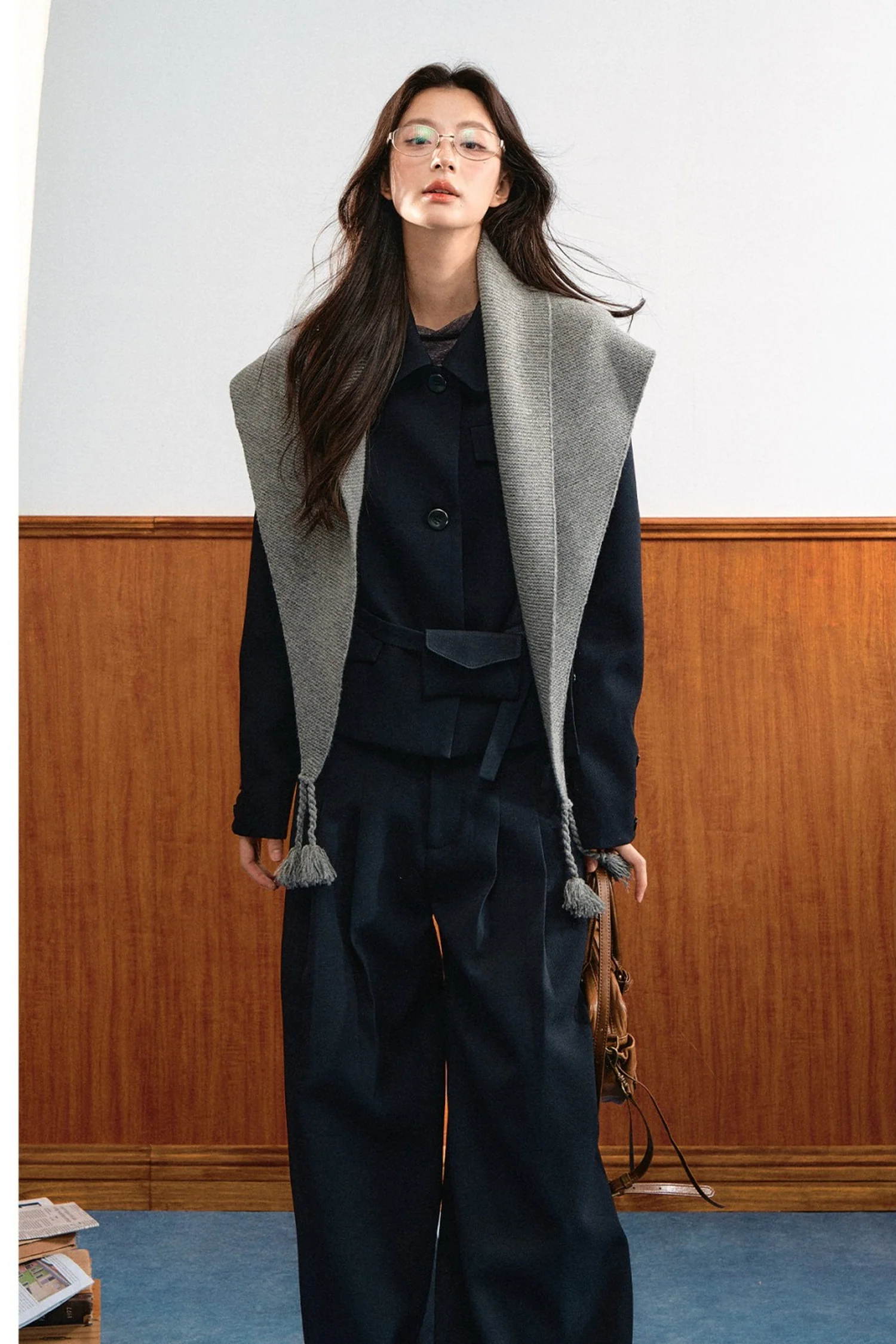 American Retro Lapel Top and Wide-Leg Pants Set-Up