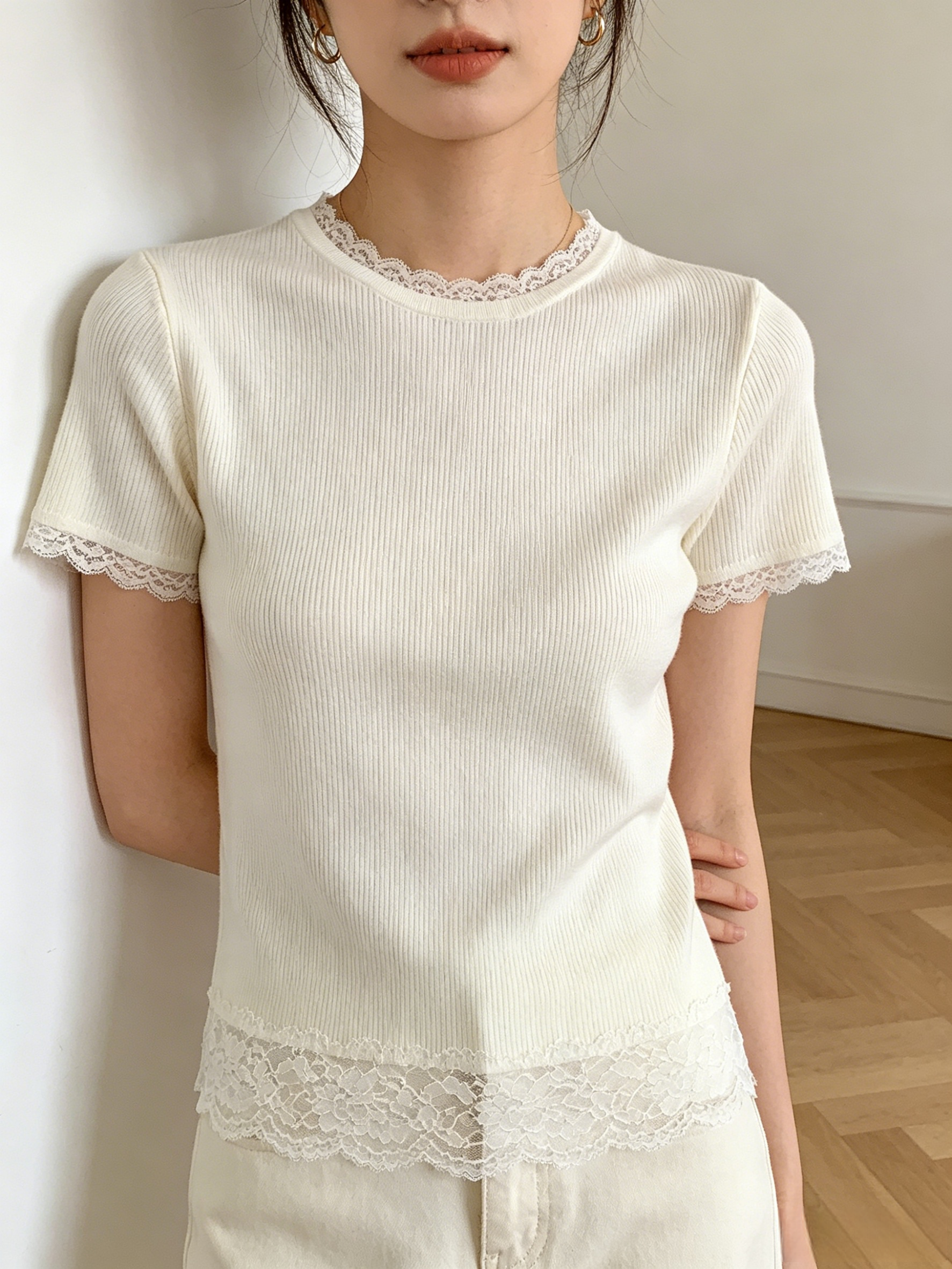Lace Hem Ribbed Knit Top