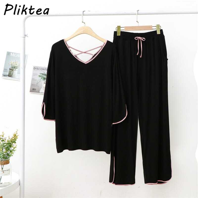 00001 Black Plain Pink Lace With Plazzo Trouser Night Suit