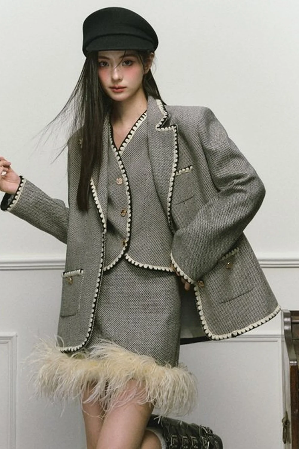 Shell Embroidery Woolen Blazer Vest and Skirt Set-Up