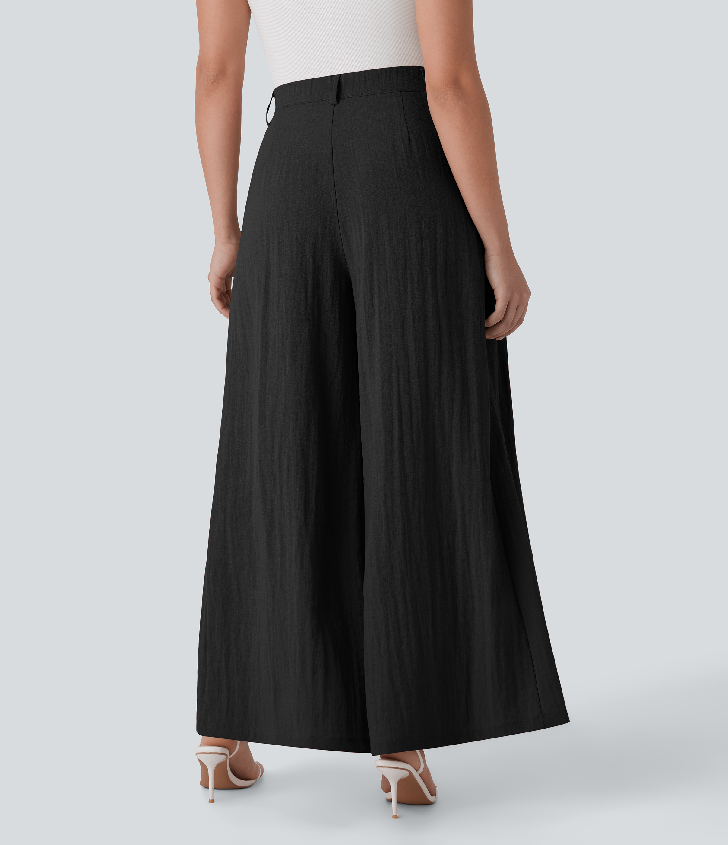 High Waisted Zipper Pocket Wide Leg Flowy Work Linen-Feel Pants
