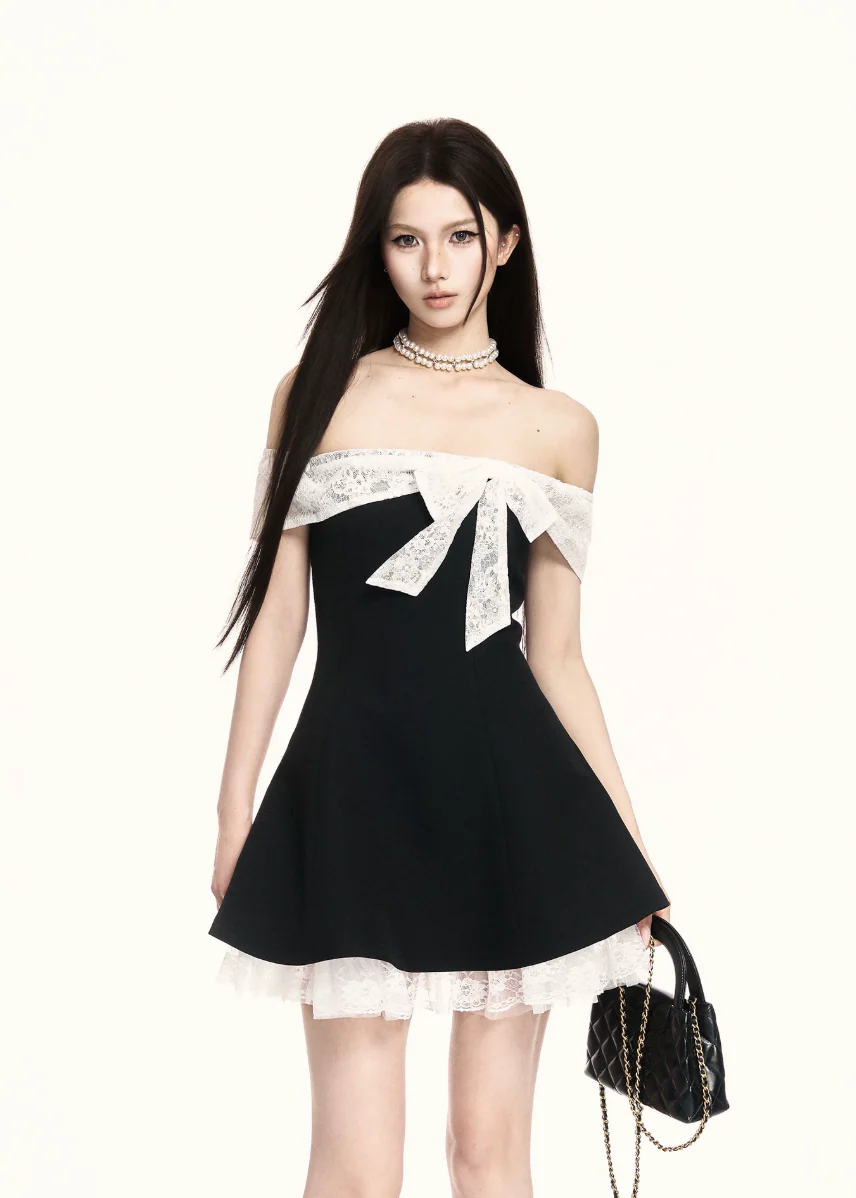Contrast Bow Off-Shoulder Mini Dress