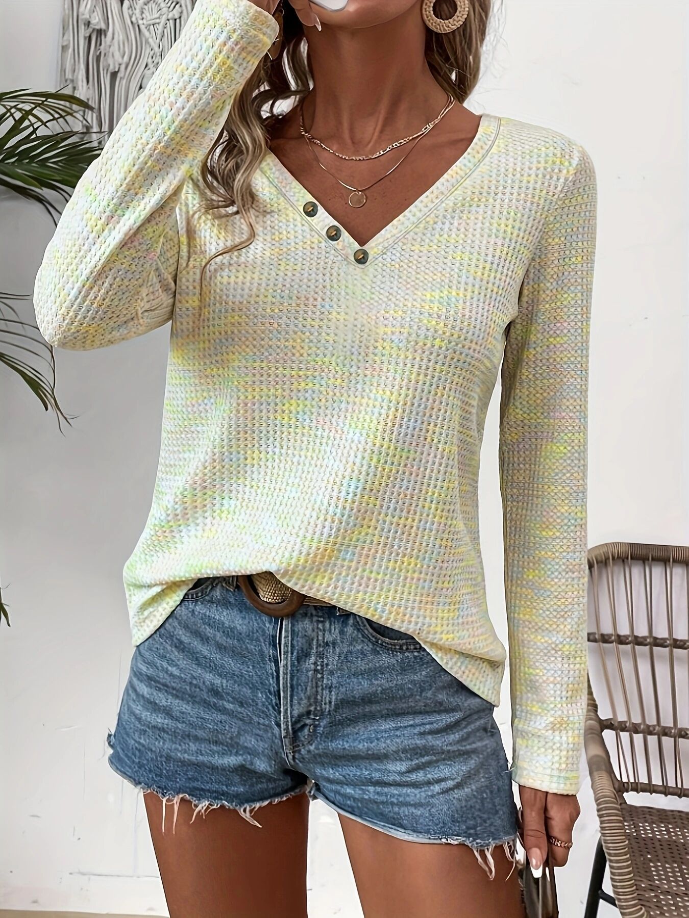 New Women's V-Neck Long Sleeve Pullover T-Shirt Fashionable and Versatile Top