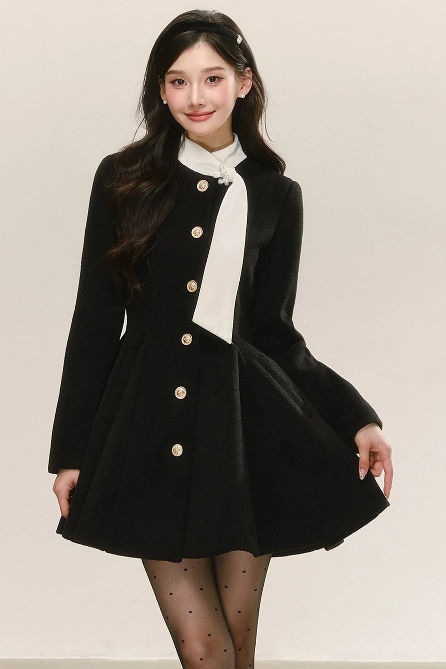 Black Woolen Puffy Coat Dress