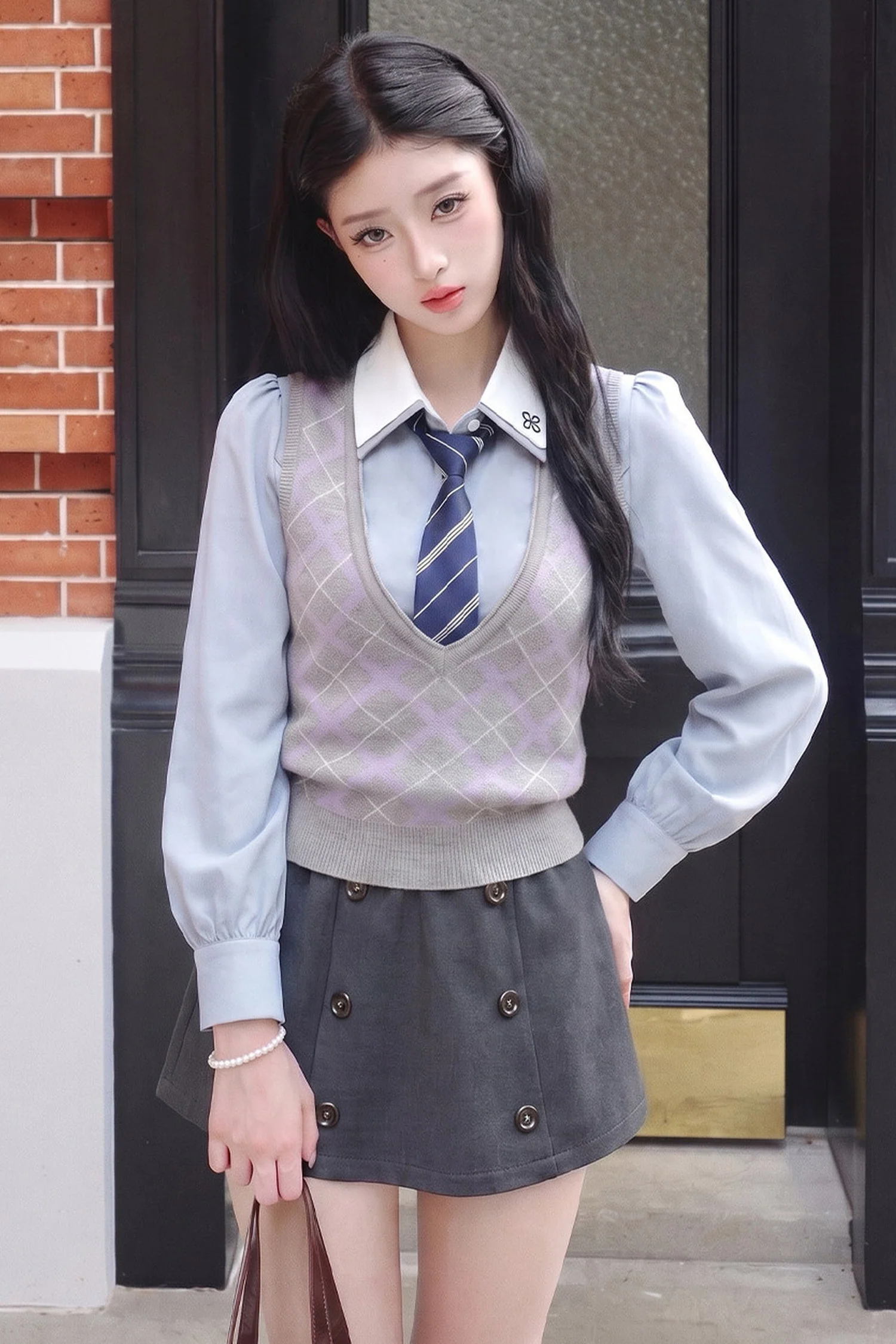 Plaid Vest, Long-Sleeve Shirt and Skirt Set-Up