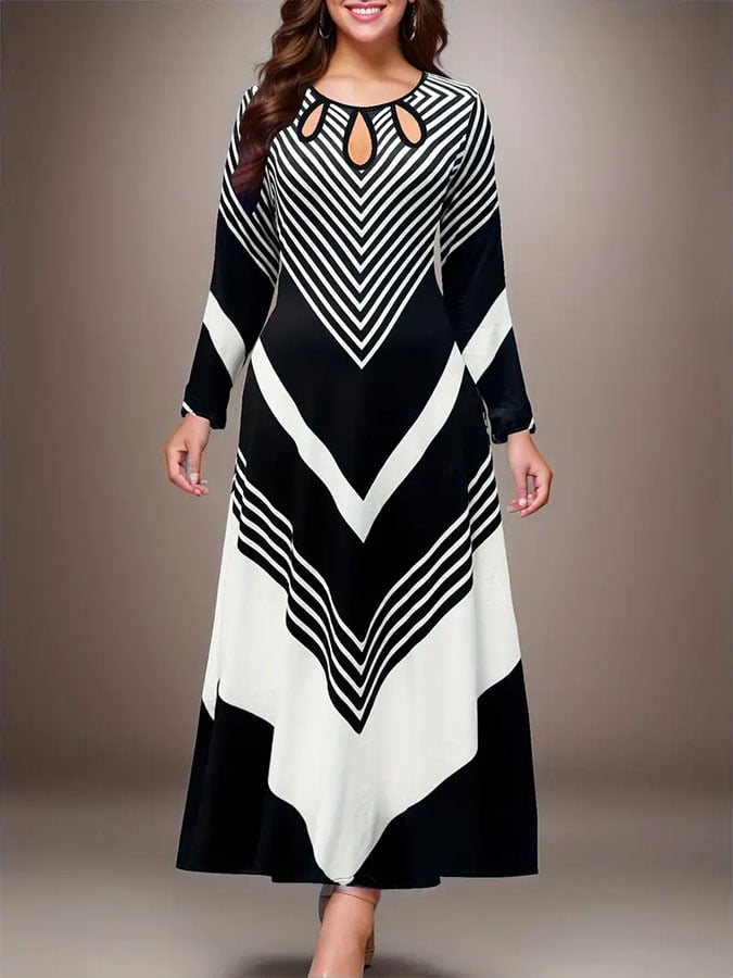 Women's Casual Contrast Color Printed Round Neck Long Sleeve Dress