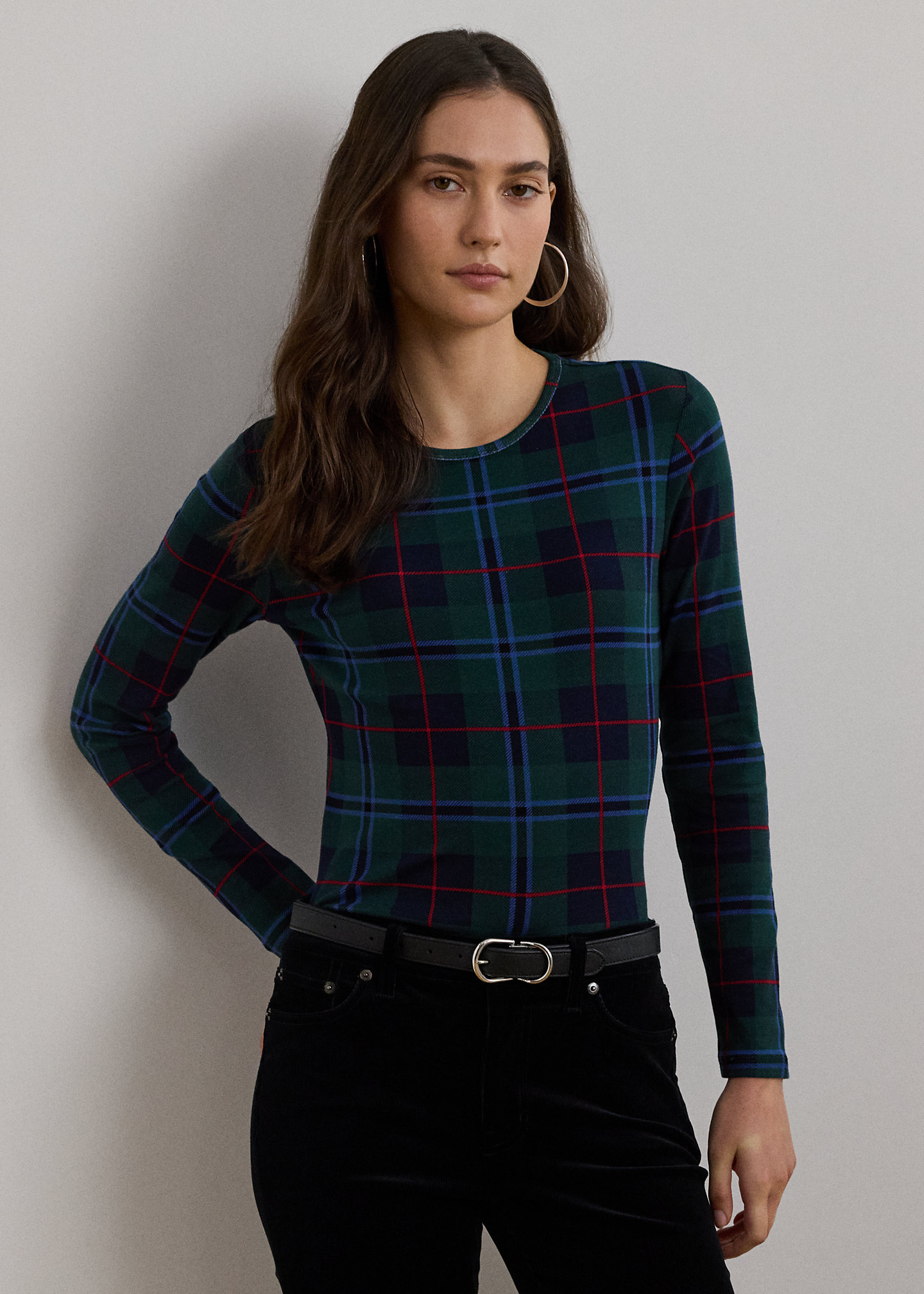Plaid Stretch Cotton Long-Sleeve Tee