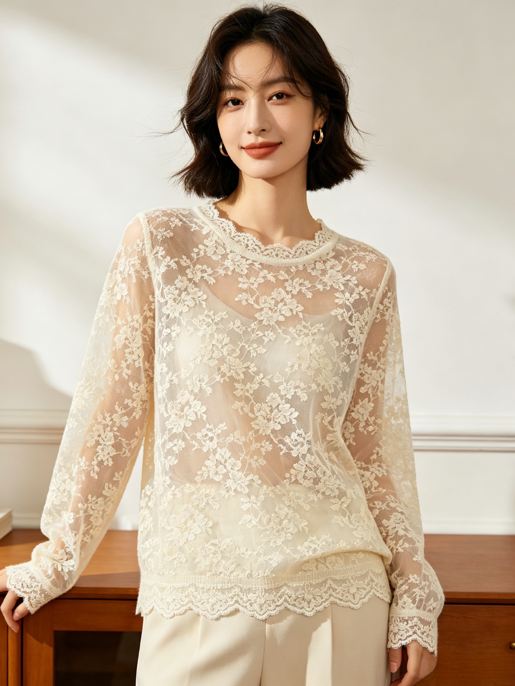 Floral lace Sweater Semi Sheer Round Neck Sweater