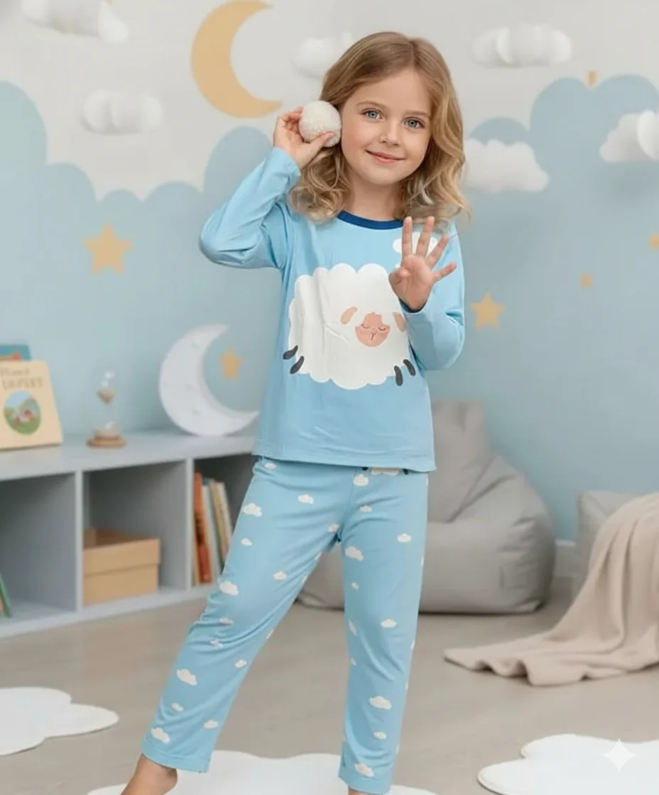 0001 Sky Blue Sheep Printed Full Sleeves T-shirt with Printed Pajama Kids Suits