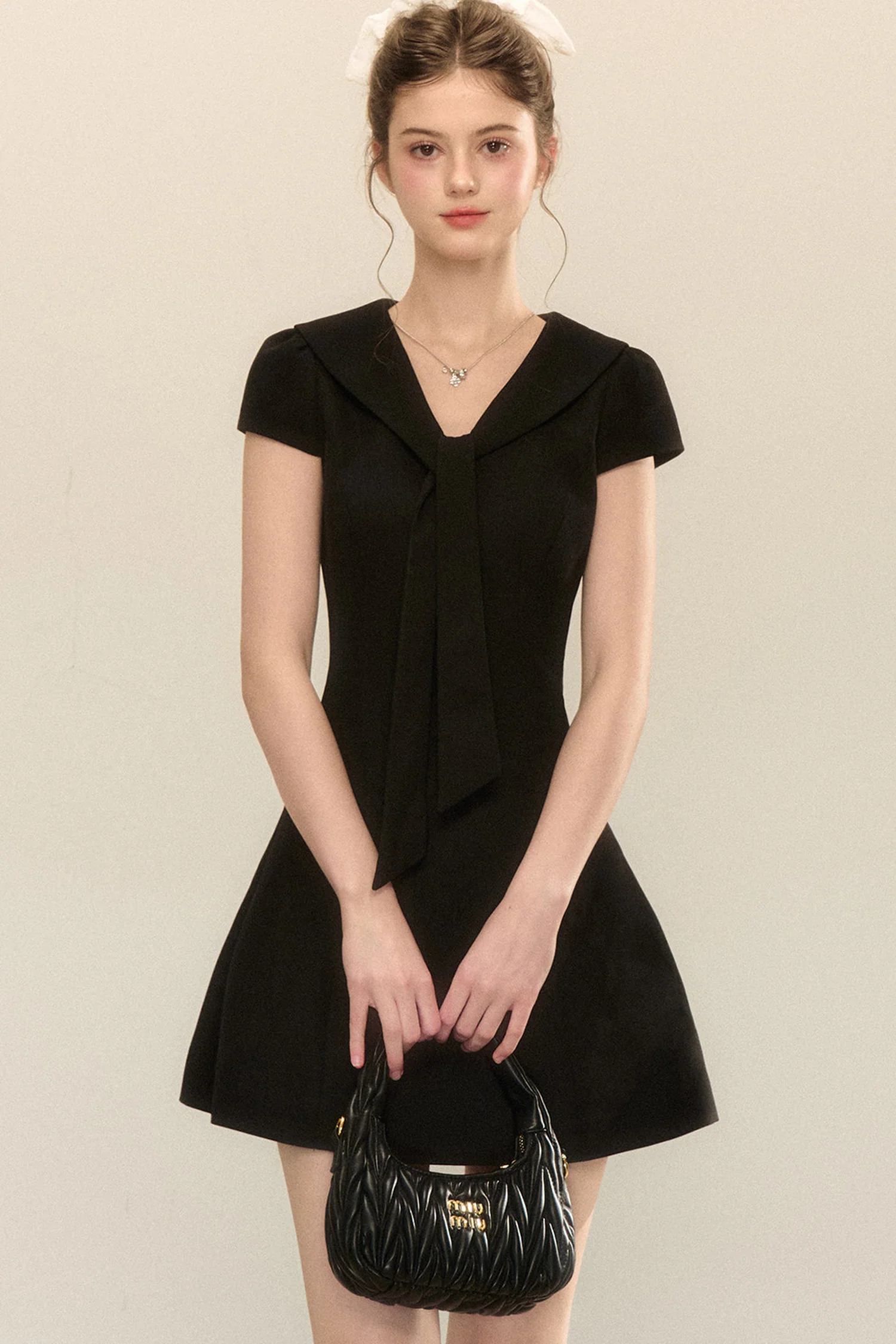 Navy Collar Short Sleeve A-Line Dress