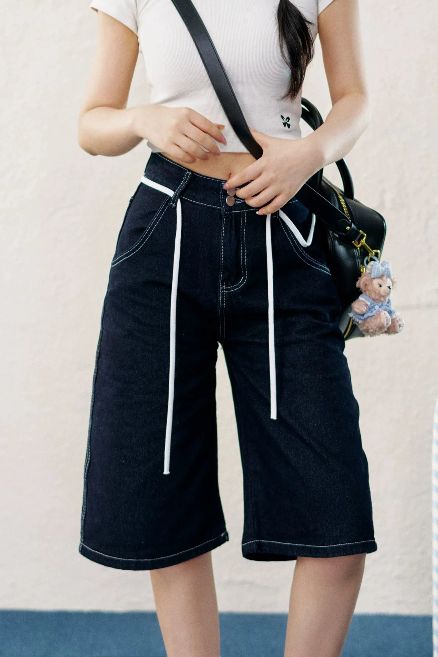 Washed Denim Drawstring Shorts