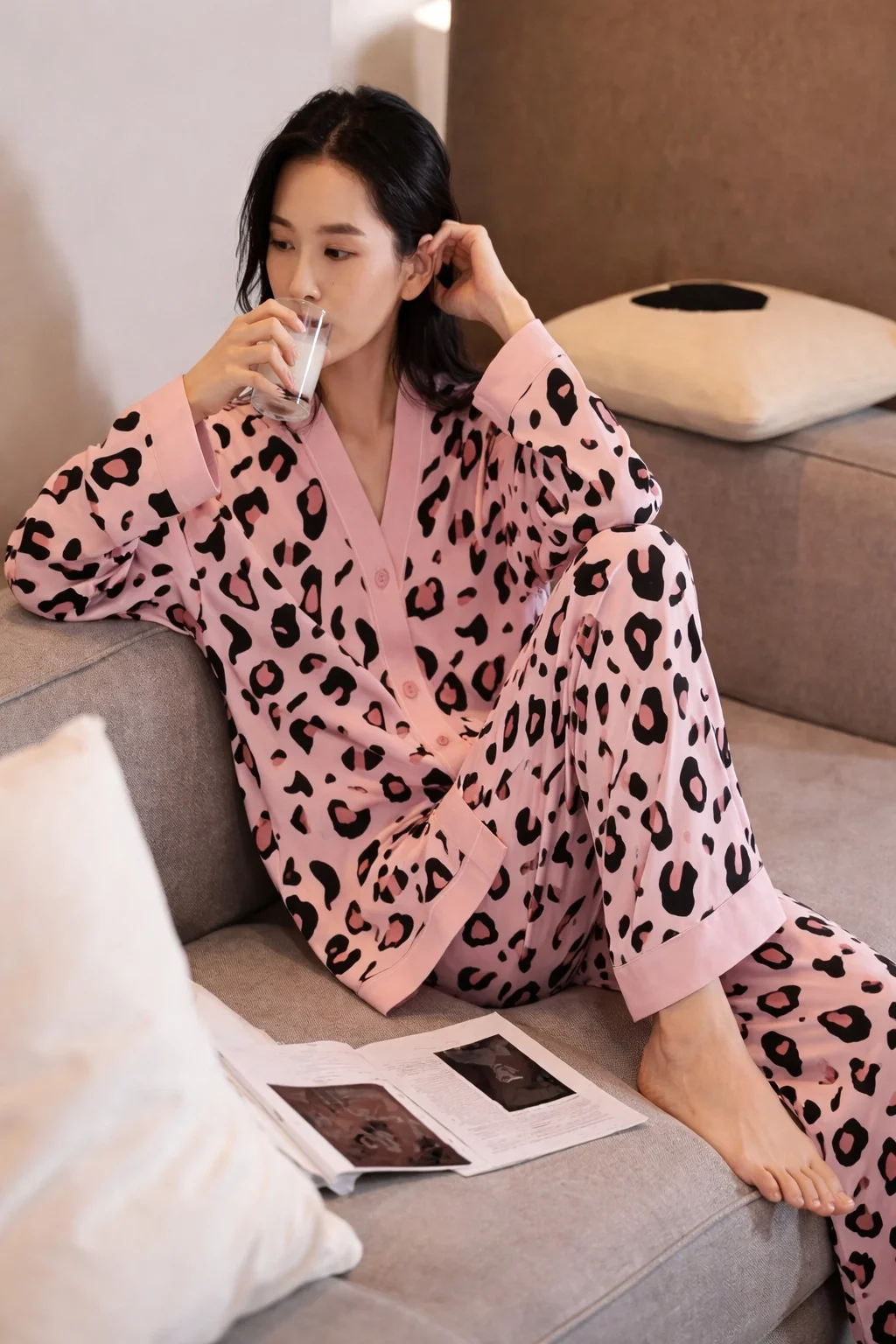 0001 Baby Pink Cheetah Printed Front Button Style For Her