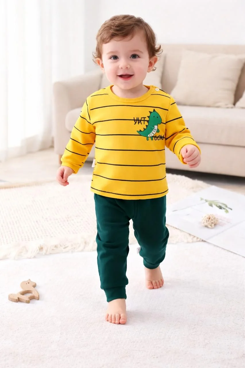 0001 Yellow Green Dinasour Printed Full Sleeves T-shirt with Green Plain Pajama Kids Suits