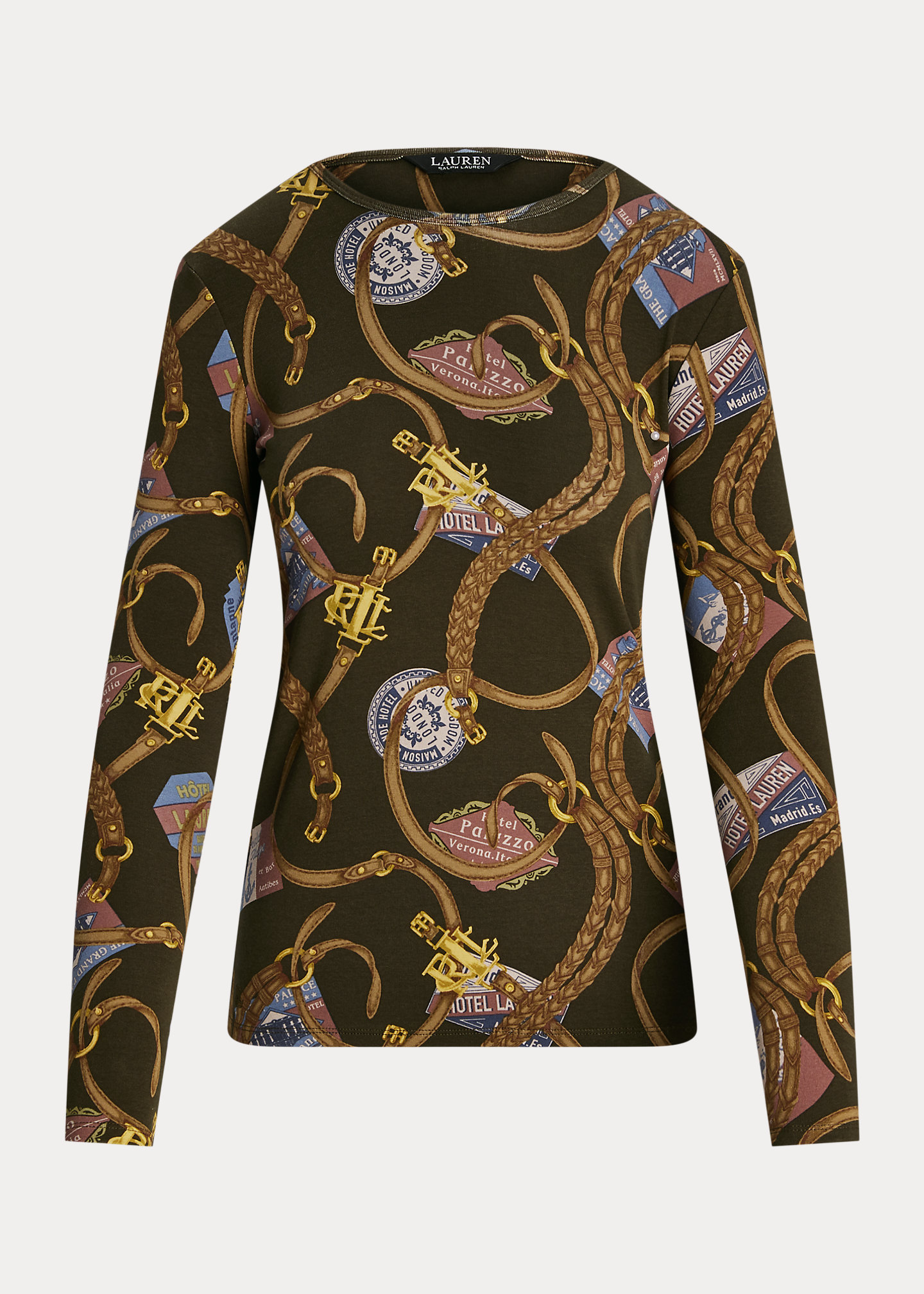 Belting-Print Cotton Long-Sleeve Tee