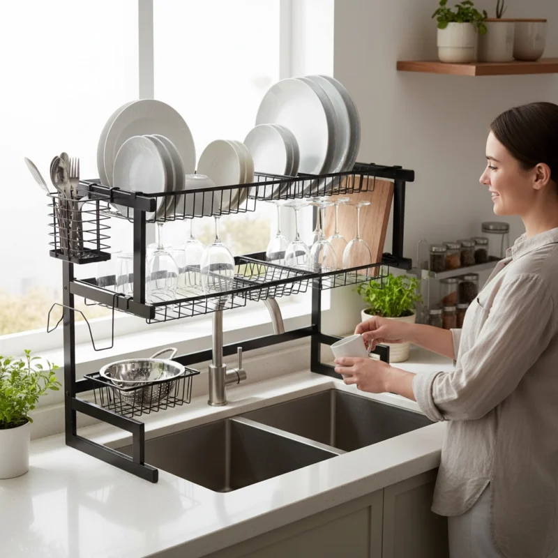 Large Capacity Over Sink Dish Rack With Utensil & Cutlery Holder
