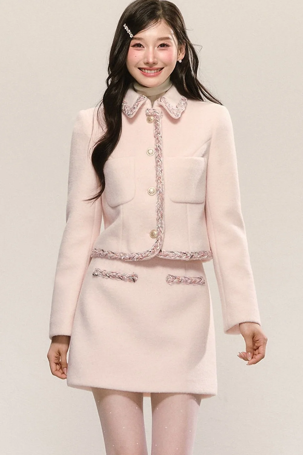 Miu Series Pink Woolen Coat Skirt Set-Up