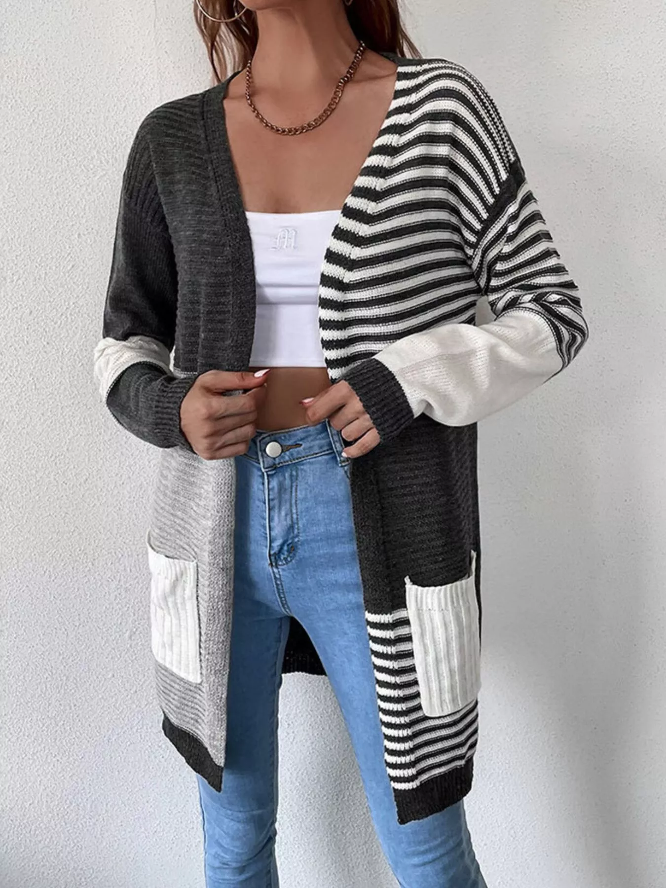 Striped Color Block Open Front Cardigan