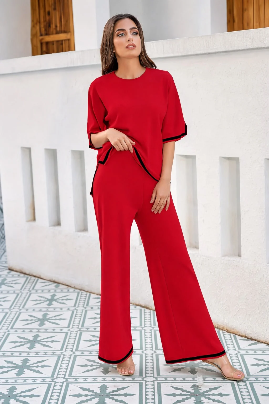0000 Red Black Pipin Round Neck Baggie Style Half Sleeves With Matching Plazzo Style Loose Trouser