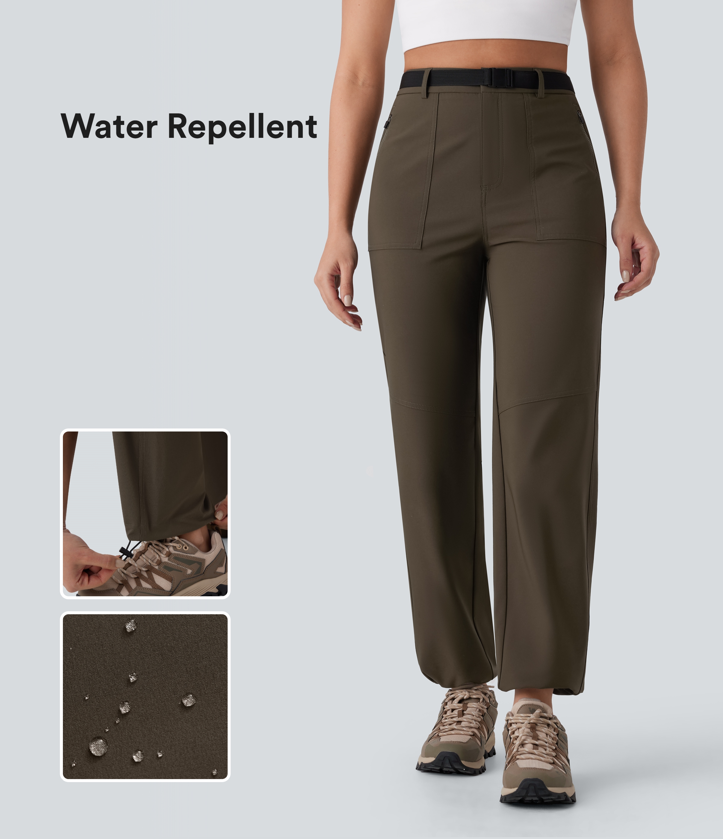 Water Repellent High Waisted Belted Side Zip Pocket Straight Leg Hiking Pants
