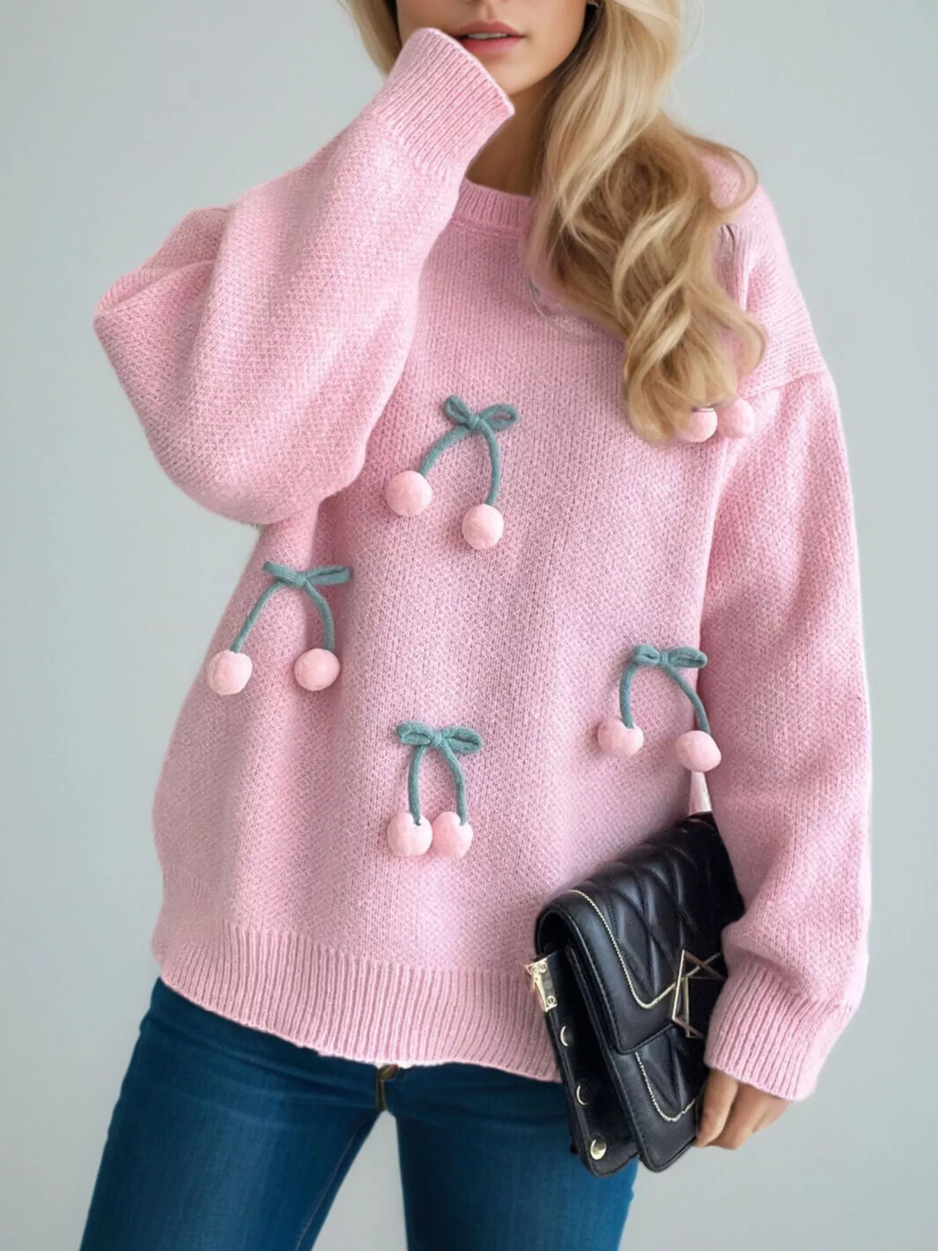 Cherry Pom-Pom Knit Round Neck Sweater
