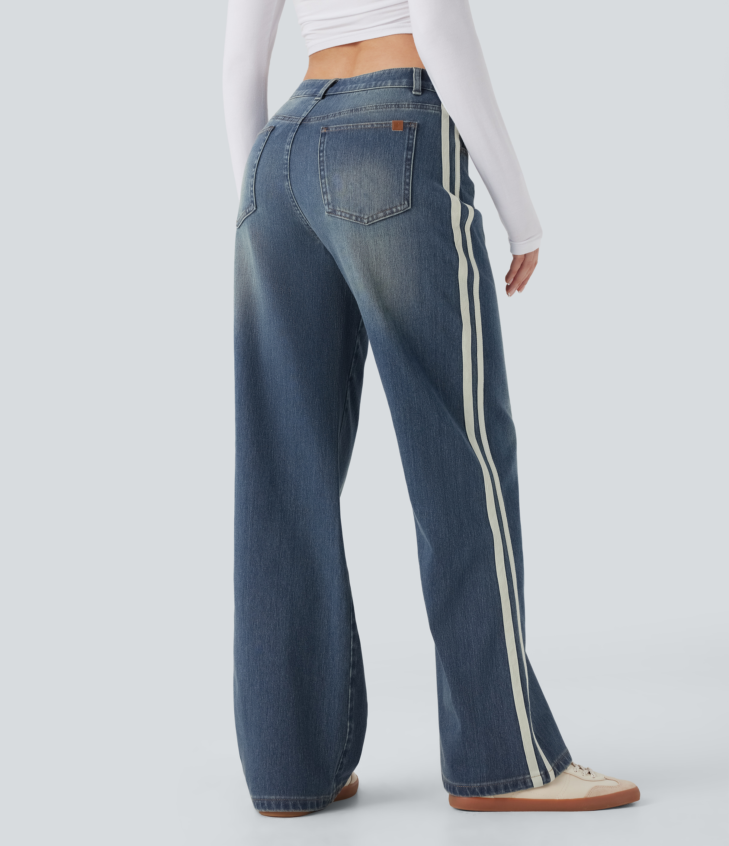 Low Rise Stripe Wide Leg Washed Casual Jeans with Pockets