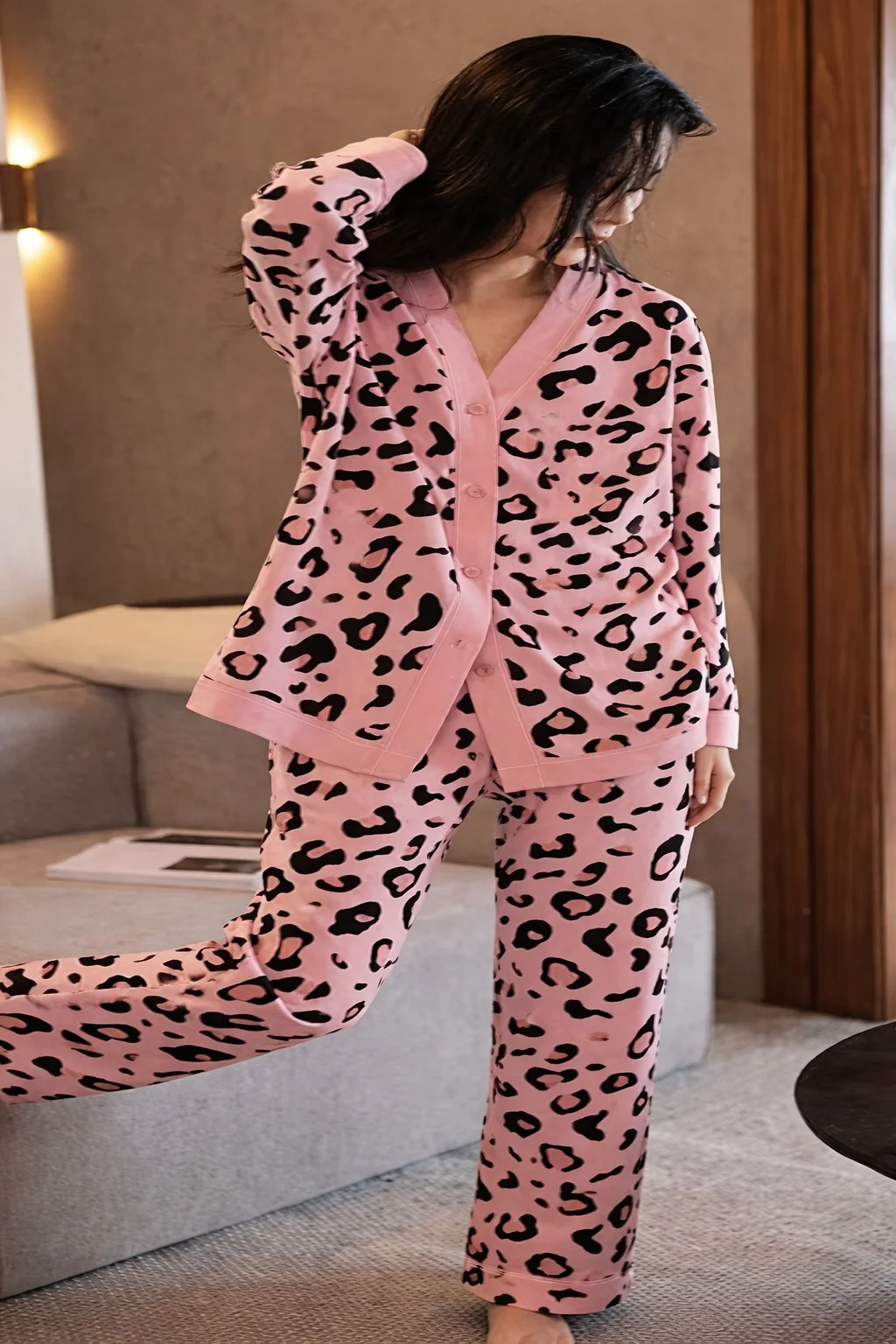 0001 Baby Pink Cheetah Printed Front Button Style For Her