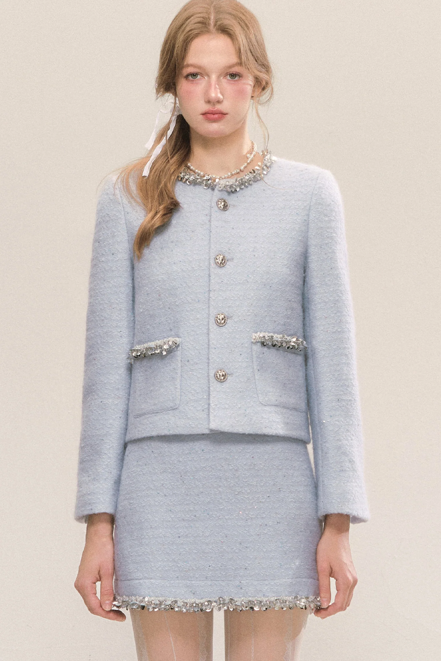 Blue Sequin Tweed Coat and Skirt Set-Up